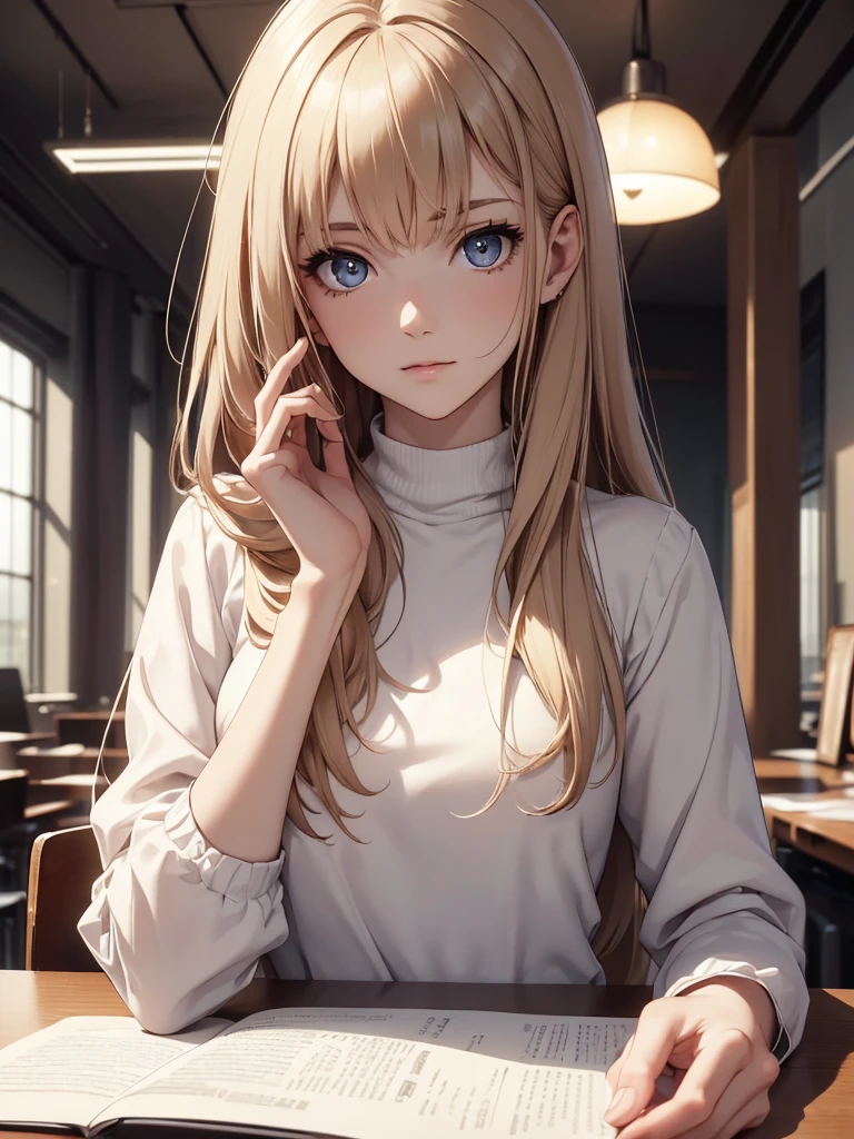 (8K, Best Quality, Masterpiece, Ultra High Resolution) Single Person, 1 Woman, Cute Eyes, Face Details, Pale Skin, Slender, Light Brunette Hair, Long Hair, Hazel Eyes, Elegant Top, Fitted Pants, Sitting at Desk, Estate, Best Quality, Upper Body, Looking at the Viewer, Facing Viewer, Close Up