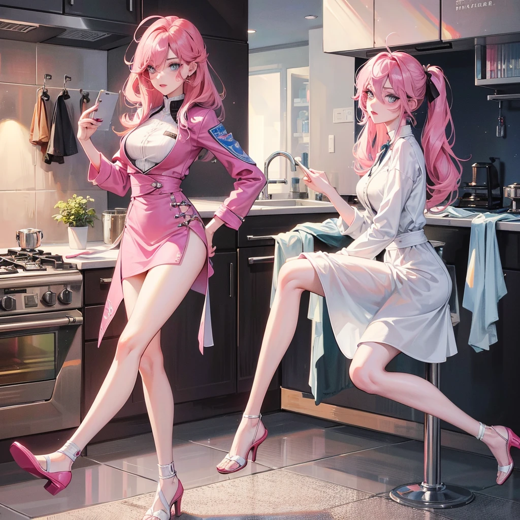 1girl,pink hair, open forehead, housewife, in the kitchen, blue eyes, slim waist, 20 years old, long legs, adult, correct anatomy, best quality, detailed eyes, high-quality hair, 2 eyes, 2 hands, correct leg anatomy, 2 legs, correct hand anatomy, long eyelashes, beautiful lips, lots of details, an adult beauty