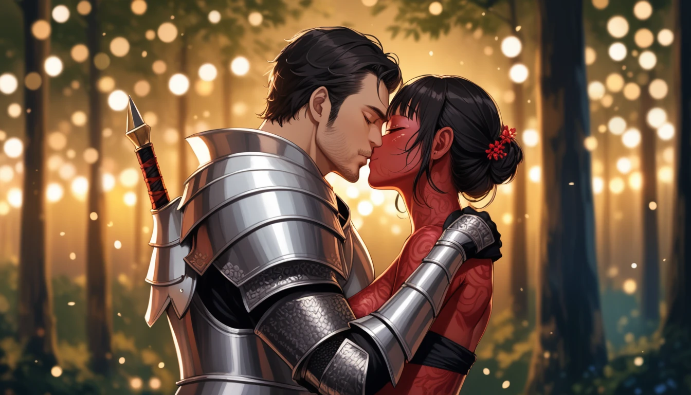 8K, RAW, best quality, masterpiece, ultra high res, colorful, portrait, (medium wide shot), (dynamic perspective), sharp focus , (depth of field, bokeh:1.3), extremely detailed eyes and face, beautiful detailed eyes, 
couple, hugs, kiss, kissing, passion, love, moment, 
(1man, Human, Caucasian, human Knight, plate armor, muscular, stubble, short black hair, brown eyes:1.5), 
(1girl, Japanese, Oni, demon, (demon oni horns, oni red skin), slander tail, wide samurai pants, geta footwear, black tight crop top, long black hair, red eyes, breasts bandage, medium breasts:1.5), 
near campfire, lean back to tree, looking at viewer, facing viewer, right side view, forest background, dark forest, night time