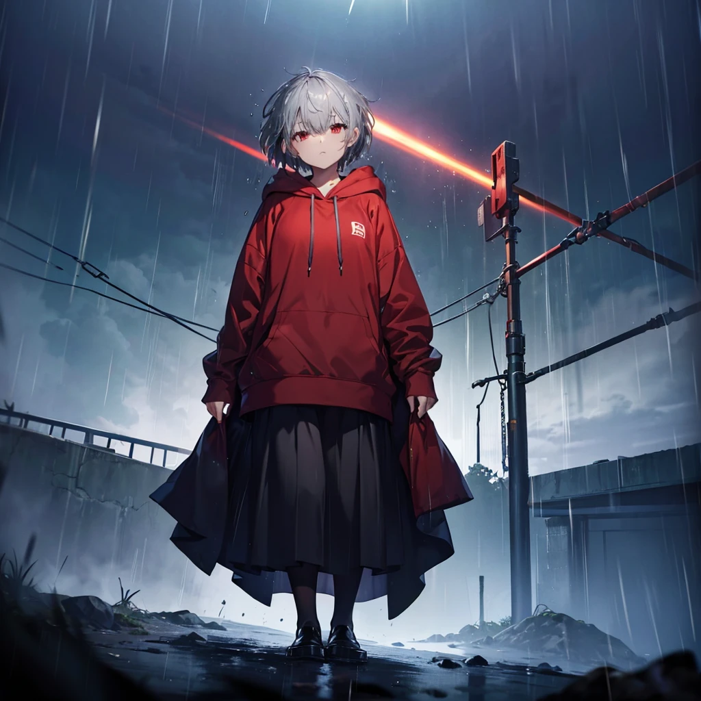 (((((1 person Gray Hair、short hair Black and red outfit、hoodie))))) ((((High resolution Getting wet in the rain Black long skirt loafers)))) (((Sad face、Close-up Red eyes))) ((in the rain、It rains、rainy season Blowing in the Wind Low - Angle)) (Shining Background Shining Edges)