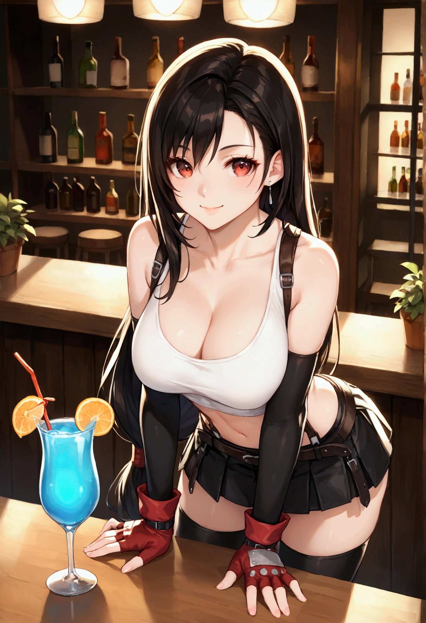 (score_9, score_8_up, score_7_up), BREAK (masterpeace),(best quality),(aesthetic,very aesthetic),1girl, tifa lockhart, final fantasy,(beautiful). black hair, low-tied long hair, red eyes, bangs, white tank top,gap, belt, pleated skirt, thighhighs, elbow fingerless gloves, elbow pads, midriff, navel,suspender skirt.zettai ryouiki ,,(large_breasts:1.3),Solo,upperbody,looking_at_viewer, vibrant, joyful,cafe and bar,(Emphasize the cleavage)、(leaning forward), (hand on counter) ,Showcasing cleavage:1.3 ,breast press,straight-on,counter,holding cocktail grass,