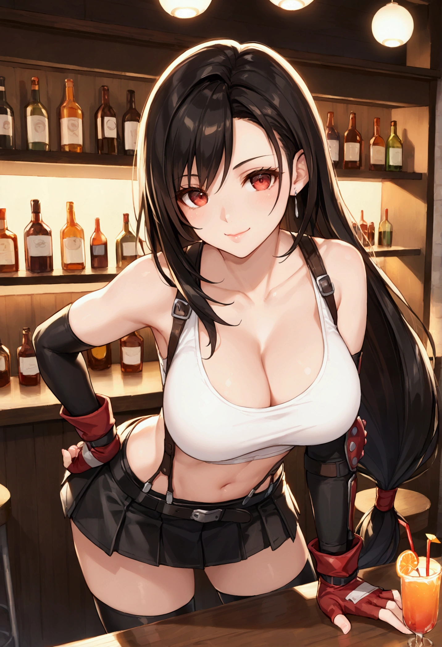 (score_9, score_8_up, score_7_up), BREAK (masterpeace),(best quality),(aesthetic,very aesthetic),1girl, tifa lockhart, final fantasy,(beautiful). black hair, low-tied long hair, red eyes, bangs, white tank top,gap, belt, pleated skirt, thighhighs, elbow fingerless gloves, elbow pads, midriff, navel,suspender skirt.zettai ryouiki ,,(large_breasts:1.3),Solo,upperbody,looking_at_viewer, vibrant, joyful,cafe and bar,(Emphasize the cleavage)、(leaning forward), (hand on counter) ,Showcasing cleavage:1.3 ,breast press,straight-on,counter,holding cocktail grass,