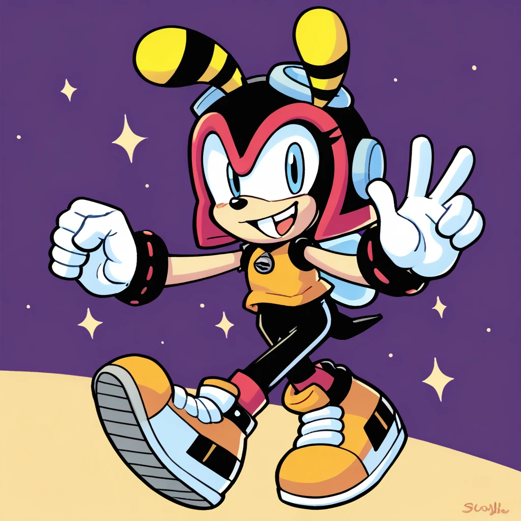 Custom avatar, Charmy the bee character, wearing black shorts, in the cyberspace, cgi backround, doing a dyamic pose,