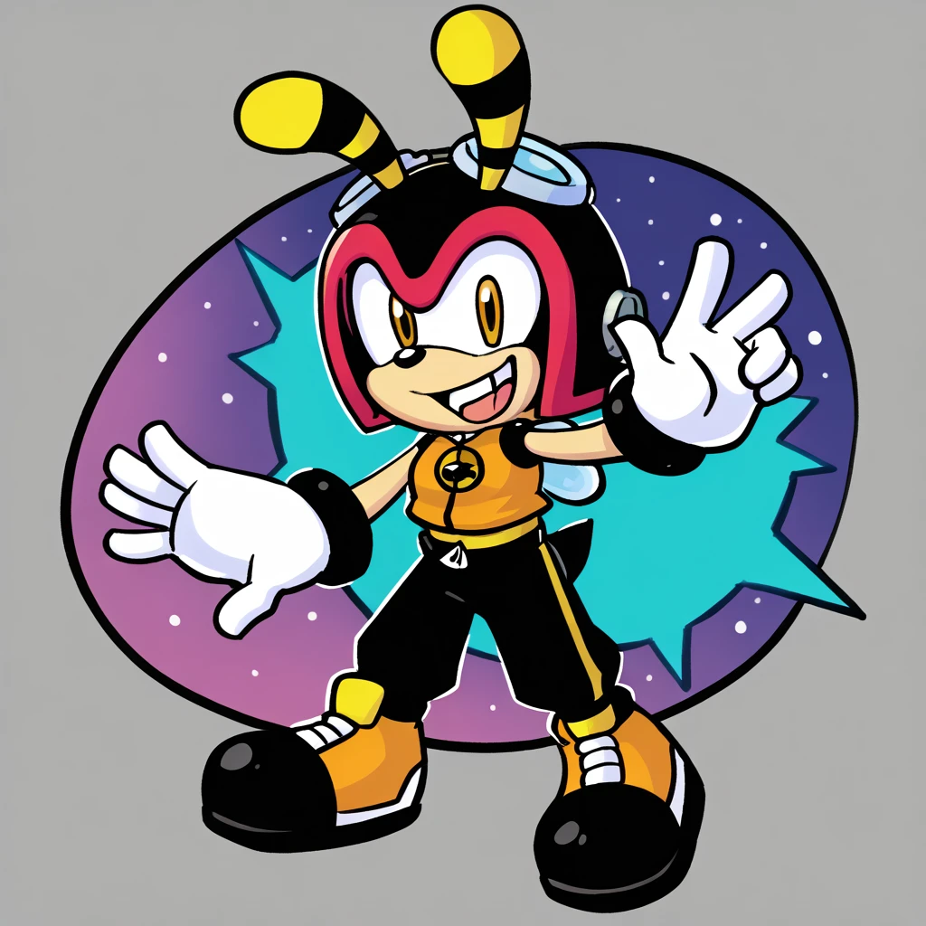 Custom avatar,  Charmy the bee character, wearing black shorts, in the cyberspace￼, cgi backround, doing a dyamic pose,