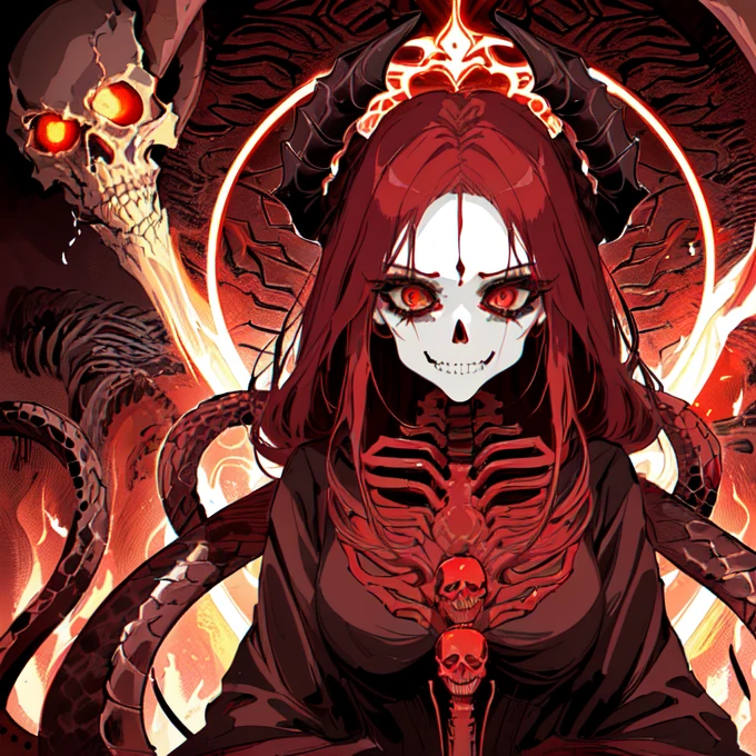 a close up of a woman with a skeleton face and a red background, demon woman, woman made of black flames, scary color art in 4 k, alluring and terrifying, snake-face lady, dark goddess with six arms, stefan gesell, karol bak uhd, anime skull portrait woman, beautiful octopus woman, snake woman hybrid, skeleton girl, snake woman