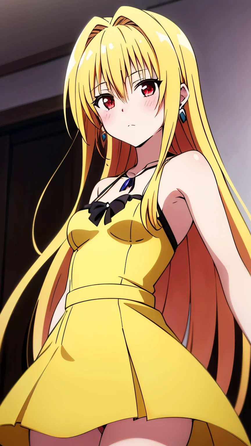 (anime:1.2),(1girl),(alone), konjiki no yami, (alone), long hair, blonde hair, hairpins, red eyes, very long hair, hair shots, solo, (expressionless, calm:1.5), (Yellow Fairy Dress,plunking neckline, Decoration, jewelry, Earrings, Party venue), (Small medium breast:1.2), narrow waist, round butt, hair between eyes, blush, hair ornament, two sides up, bangs, cowboy shot, dynamic stance, ultra detailed, detailed eyes, sharp focus, masterpiece, standing, perfect hands, perfect anatomy, floating hair, to love- ru, looking forward, perfect anatomy,perfect hands, (looking at viewer), dutch angle