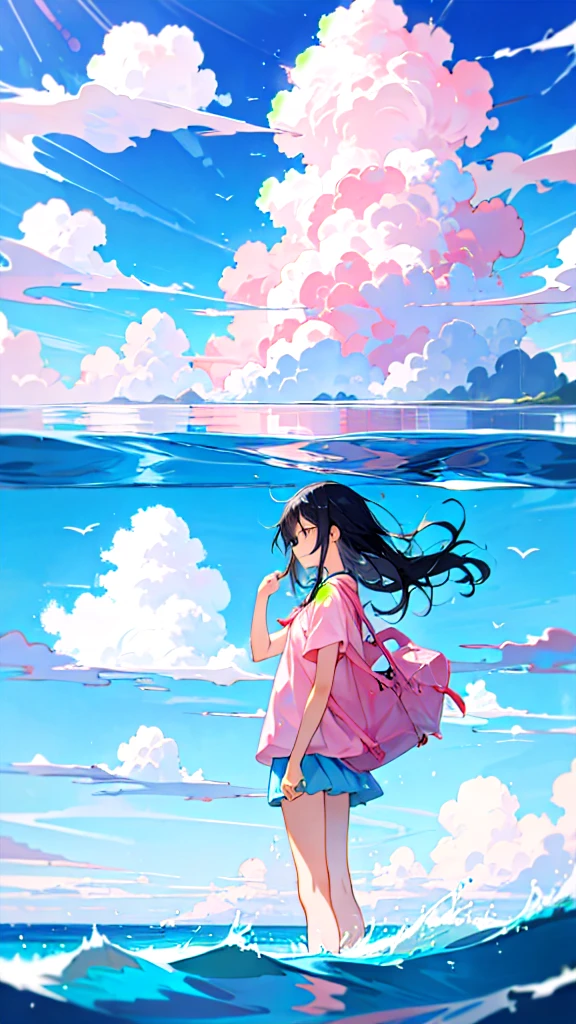 blue sky, One girl, alone, cloud, water, Pink Theme, Ocean,  that&#39;s it, One girl, Hello, short hair, Single Blade, Seraphim, Rim Light, Green Hair, 