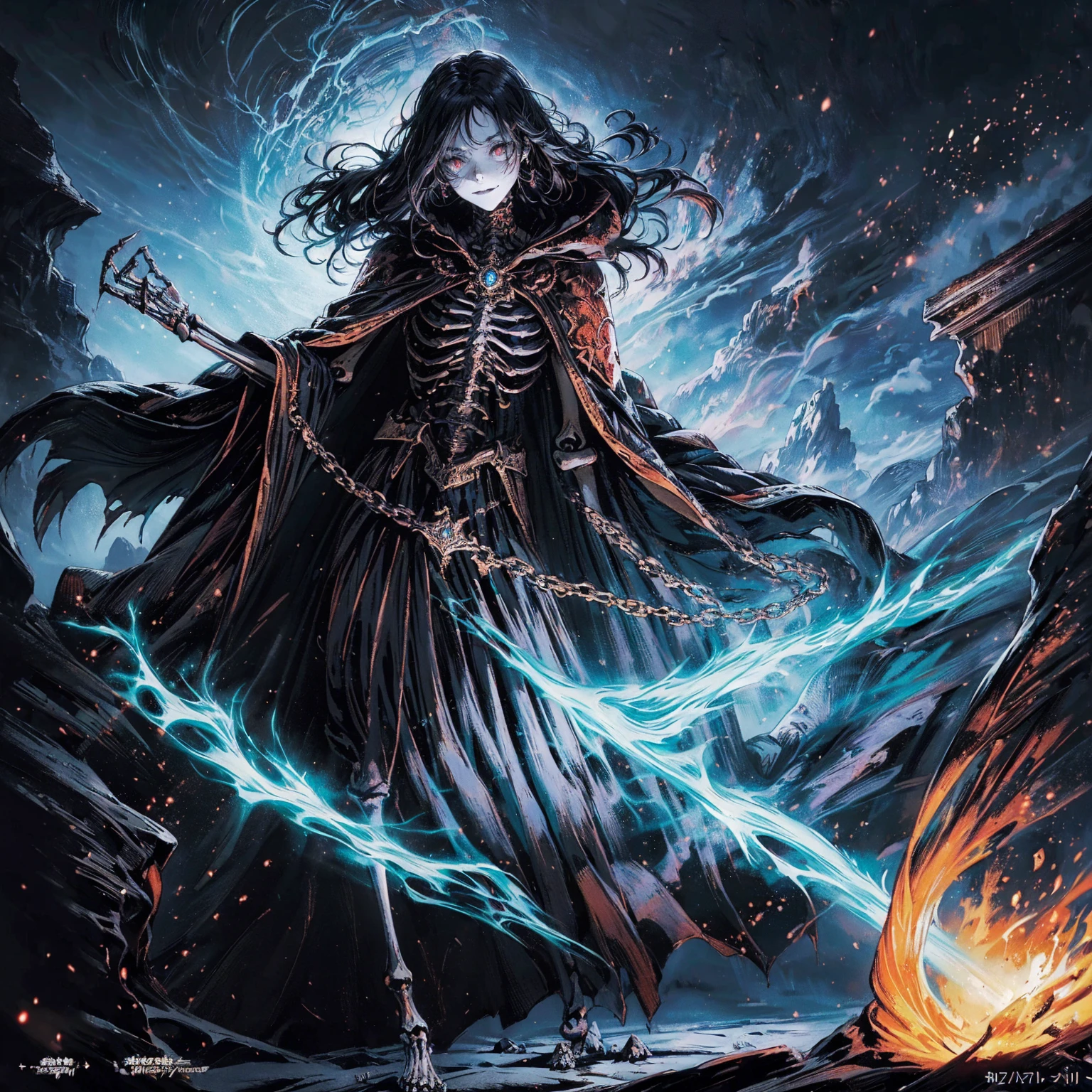 (full body shot:1.5), (Wide-angle lens:1.2), (black hair:1.5), best quality, 4K, high resolution, (masterpiece:1.2), Very detailed, (current:1.37), (Anatomically correct:1.2), Mood lighting, Undead girl in a long cloak, (Torso and limb is skeleton bone but head is still beautiful human face:1.2), Wearing a tattered gothic skirt, A sense of alienation, Dangerous sneer, Smiling and crying, Dark Force (StarWar), Force lightning radiates from fingertips, Facing the camera, Pitch black sky, Blood red moon, strange atmosphere, Gothic style, Unforgettable beauty, Dramatic shadows, Ethereal Light, Mysterious atmosphere, Resurrection from the grave, The Black Magic, Dead, Anime characters with black hair, Detailed cover design, Anime epic artwork, detailed key anime art, Be focused, dark fantasy artwork, Anime Fantasy Artwork, Official artwork with high detail, Dark Witch Panorama, Lich Vecna (d&d)