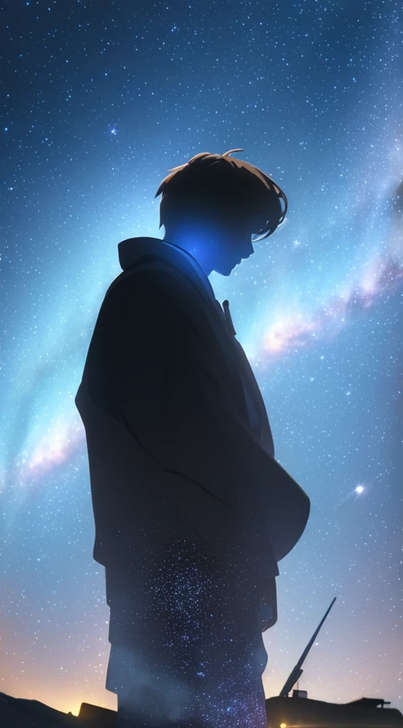 Dark background image with bright stars and a distant galaxy on the horizon. In the foreground is a silhouette of a person looking up at the night sky, with an eerie glow around him. 