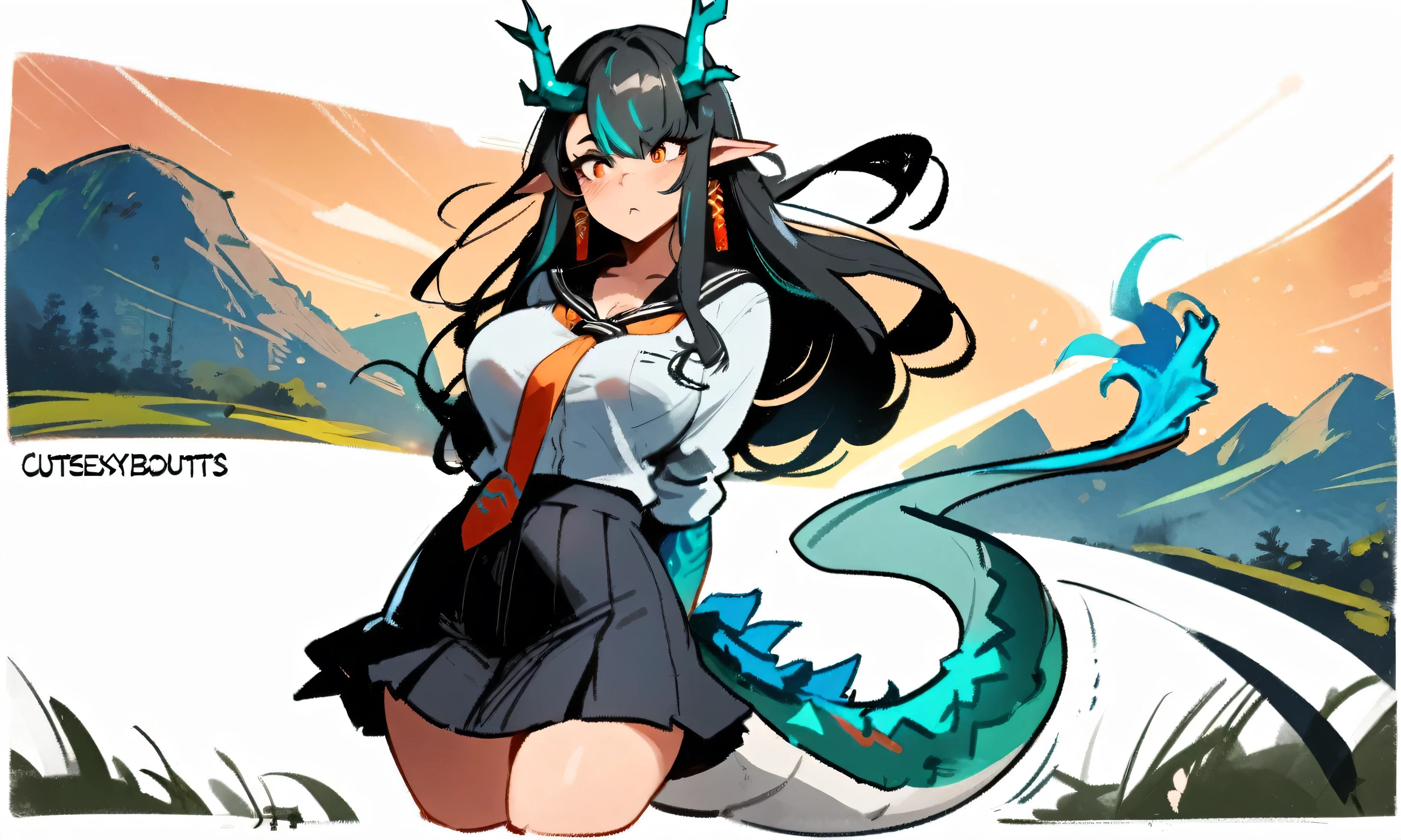 1girl, dusk \(arknights\), arknights \\\\\ masterpiece, best quality, newest, orange eyes, black hair, horns, ///// by nyantcha, , by khyle, cutesexyrobutts \\\\\  turquoise hands, hands and forearms turquoise, , ,large breasts, black pleated skirt, black sailor collar, thin waist,(school outfit:1.2), straight-on, , cowboy shot, cropped legs, mountains, solo, rice field, solo, blush, wind, , cleavage,,tie,dragon tail, solo, wallpaper, arms behind back, highres, absurdes