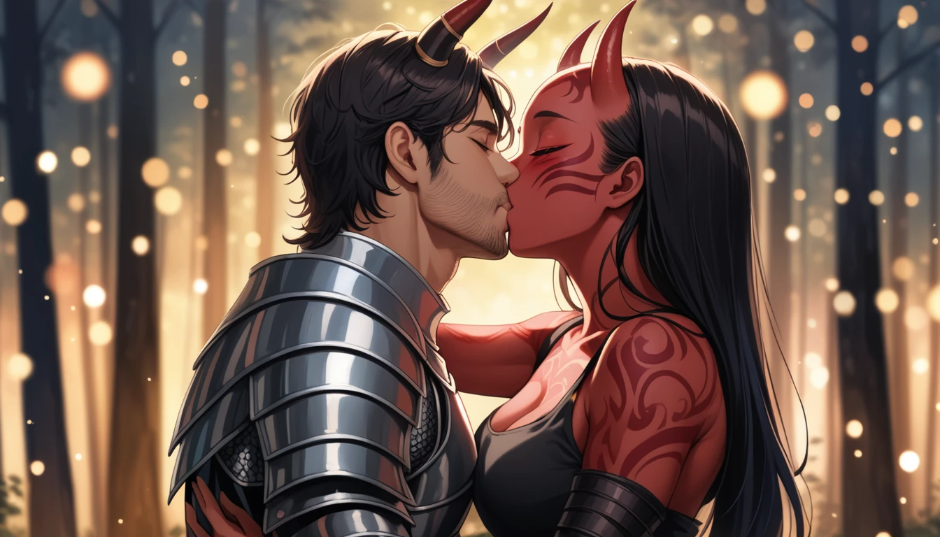 8K, RAW, best quality, masterpiece, ultra high res, colorful, portrait, (medium wide shot), (dynamic perspective), sharp focus , (depth of field, bokeh:1.3), extremely detailed eyes and face, beautiful detailed eyes,
couple, hugs, kiss, kissing, passion, love, moment,
(1man, Human, Caucasian, human Knight, plate armor, muscular, stubble, short black hair, brown eyes:1.5),
(1girl, Japanese, Oni, demon, (oni horns, oni red skin), slander tail, wide samurai pants, geta footwear, black tight crop top, long black hair, red eyes, breasts bandage, medium breasts:1.5),
near campfire, lean back to tree, looking at viewer, facing viewer, right side view, forest background, dark forest, night time