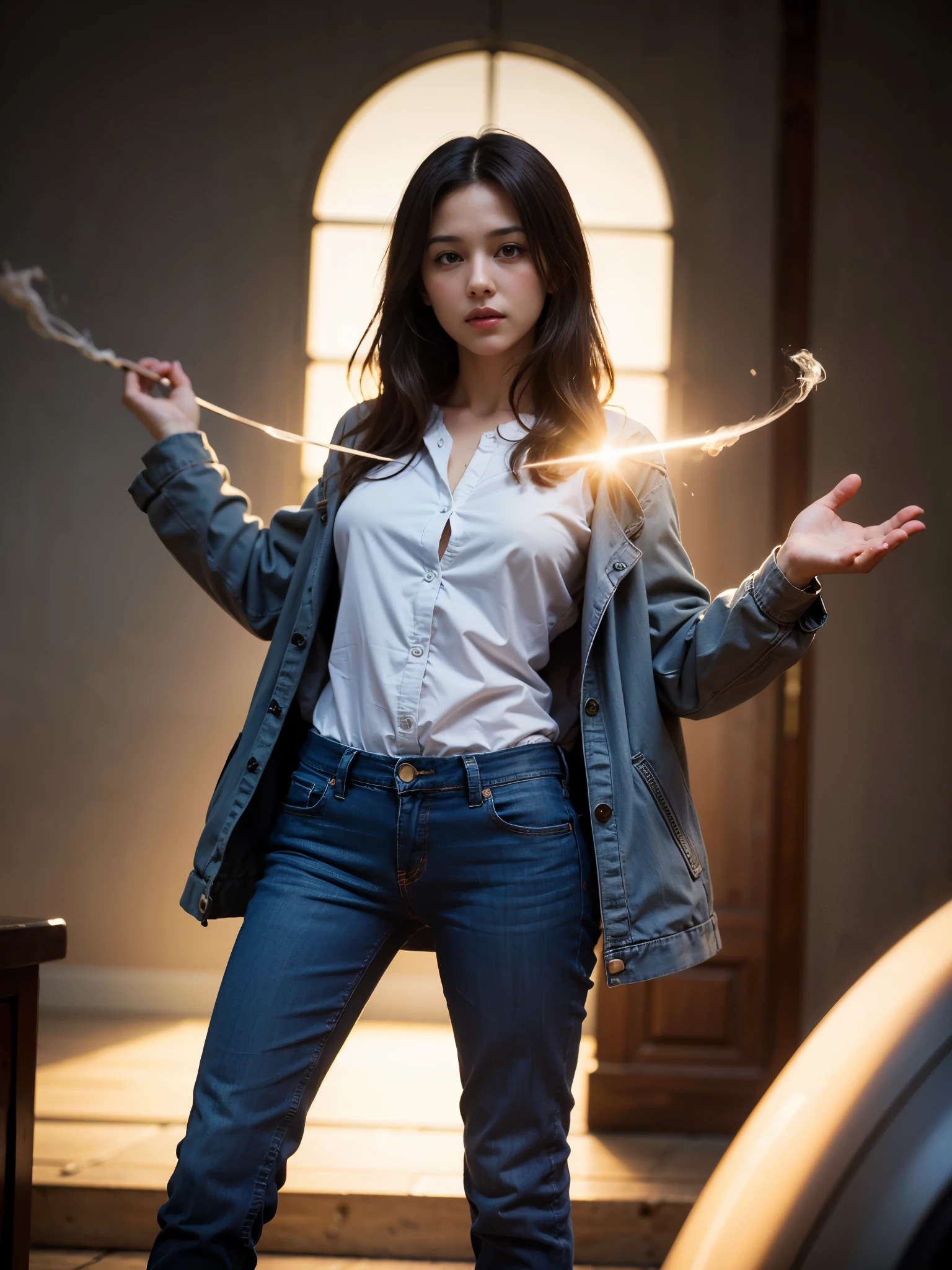 1girl, black hair, hair bun, green eyes, chained, spread arms, messy hair, white shirt, jeans pants, best quality, best res, 4K UHD, masterpiece, anatomically correct, textured skin, high details, high quality, [[photorealistic Chromatic aberration]], digital photograph, HDR, high contrast, (cowboy shot), masterpiece, realistic hands. [The character is surrounded by mist, evoking a mysterious and eerie atmosphere. The lighting is dark and atmospheric, with smoke adding a touch of sinister ambiance. Best quality image, HDR enhancement, showcasing the utmost level of detail and realism, full body shot:1.5]. [8K, Best Quality, Ultra High Resolution, (highly detailed CG unity 8k wallpaper), (best photo), (best shadows), isometric 3D, octane rendering, ray tracing, highly detailed, (Best quality, 4K, 8k:1.2), absurdity, ultra detailed, (realistic, photorealistic, photorealistic:1.37), complex parts, HDR, (complex parts:1.12), (hyper detailed, hyper realistic, Soft lighting, spicy:1.2), (complex parts, Hyper detailed:1.15). Blurred foreground. (backlit), masterpiece, high quality, brightness, chromatic aberration, foggy smoke, shadows, contrast, clear sky, (warm hue, warm tone), high details, natural reflections]. (YES SFW), many details.
 