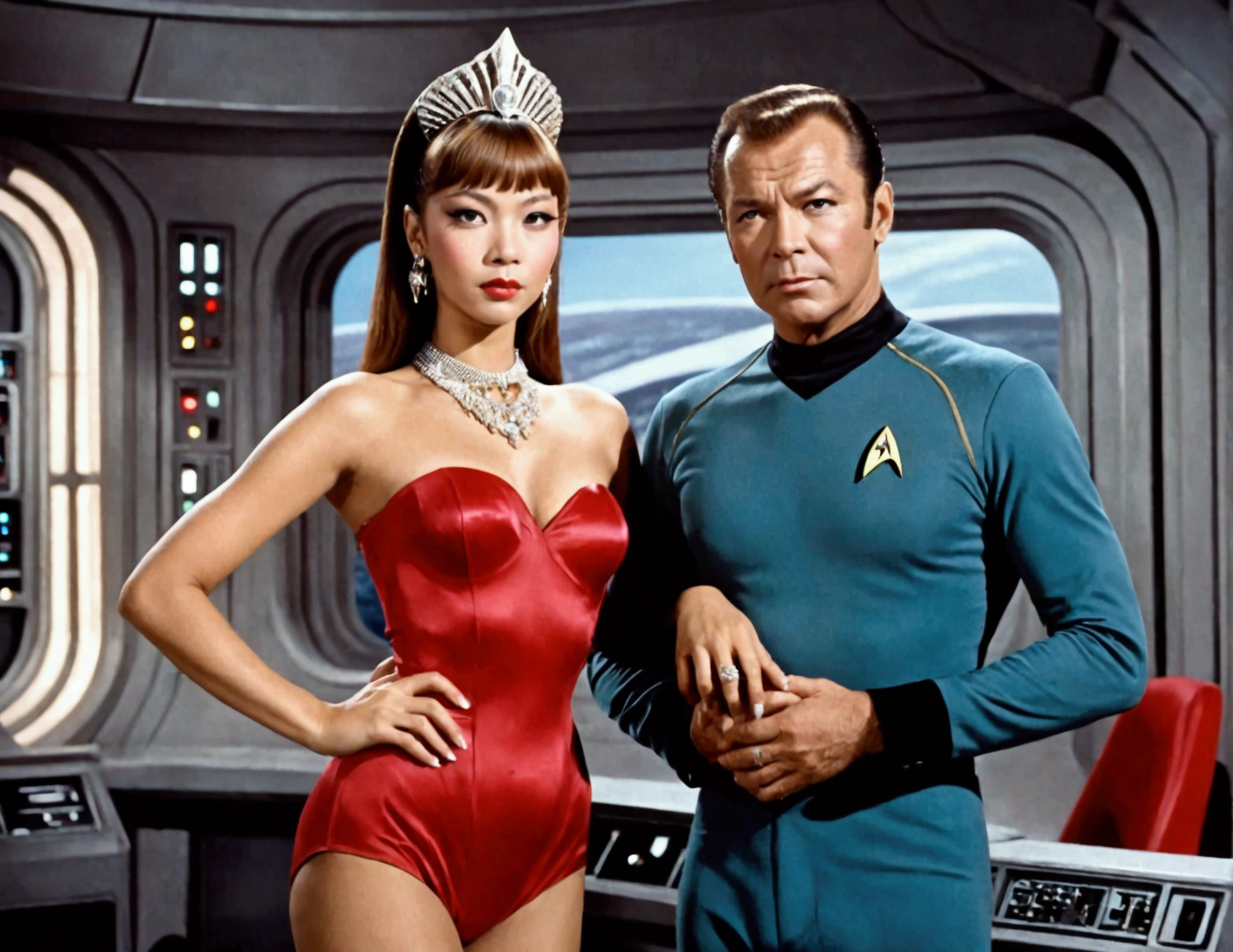 (safe for work, enough clothing to cover objectionable parts making it safe for work) An alien princess(Lalisa Manobal, age 25), dressed in flashy body jewelry and sheer colorful silks tells Captain Kirk she has never experienced this Love. Seductive poses, sultry stare (50's star trek) (show all of her head to tow, show her entire body, full body)

