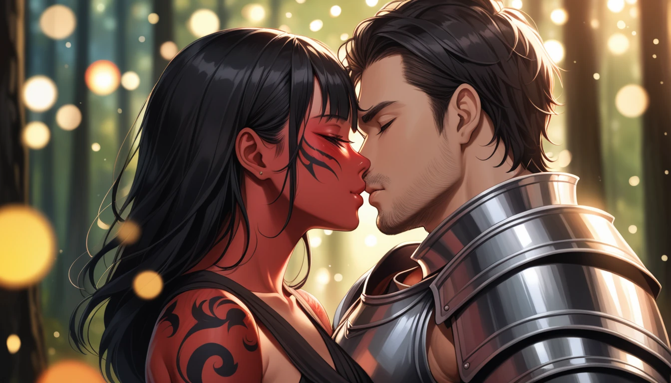 8K, RAW, best quality, masterpiece, ultra high res, colorful, portrait, (medium wide shot), (dynamic perspective), sharp focus , (depth of field, bokeh:1.3), extremely detailed eyes and face, beautiful detailed eyes, 
couple, hugs, kiss, kissing, passion, love, moment, 
(1man, Human, Caucasian, human Knight, plate armor, muscular, stubble, short black hair, brown eyes:1.5), 
(1girl, Japanese, Oni, demon, (oni horns, oni red skin), slander tail, wide samurai pants, geta footwear, black tight crop top, long black hair, red eyes, breasts bandage, medium breasts:1.5), 
near campfire, lean back to tree, looking at viewer, facing viewer, right side view, forest background, dark forest, night time