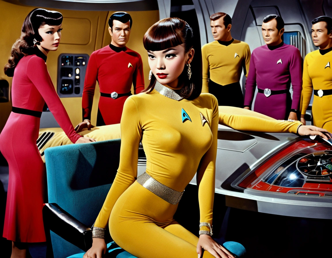 (safe for work, enough clothing to cover objectionable parts making it safe for work) An alien princess(Lalisa Manobal, age 25), dressed in flashy body jewelry and sheer colorful silks tells Captain Kirk she has never experienced this Love. Seductive poses, sultry stare (50's star trek) (show all of her head to tow, show her entire body, full body)