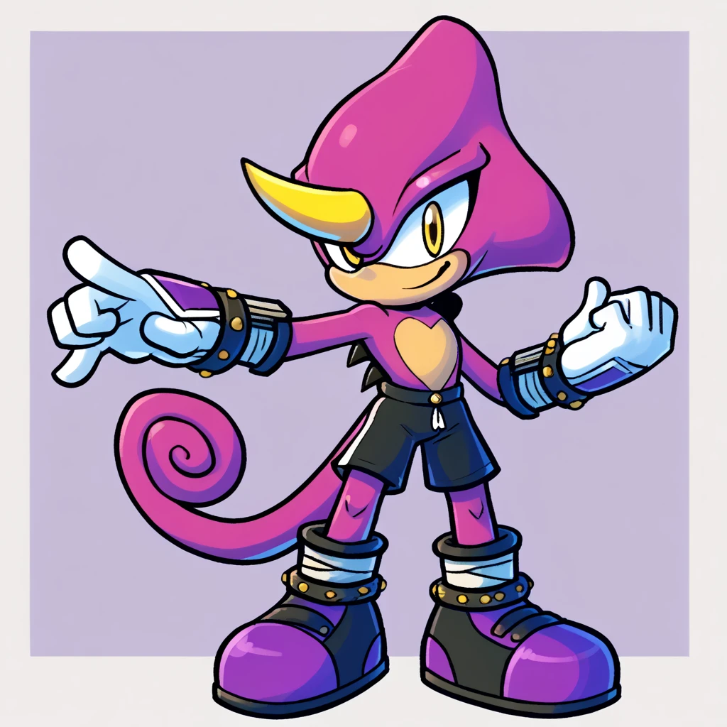 Custom avatar,  esipo the chameleon character, wearing black shorts, in the cyberspace￼, cgi backround, doing a dyamic pose,
