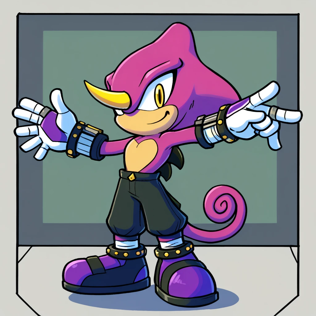 Custom avatar, esipo the chameleon character, wearing black shorts, in the cyberspace, cgi backround, doing a dyamic pose,