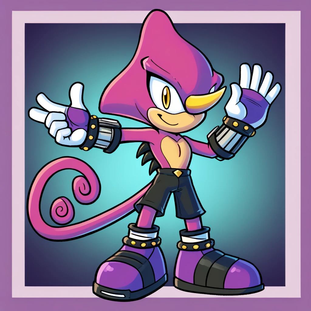 Custom avatar, esipo the chameleon character, wearing black shorts, in the cyberspace, cgi backround, doing a dyamic pose,