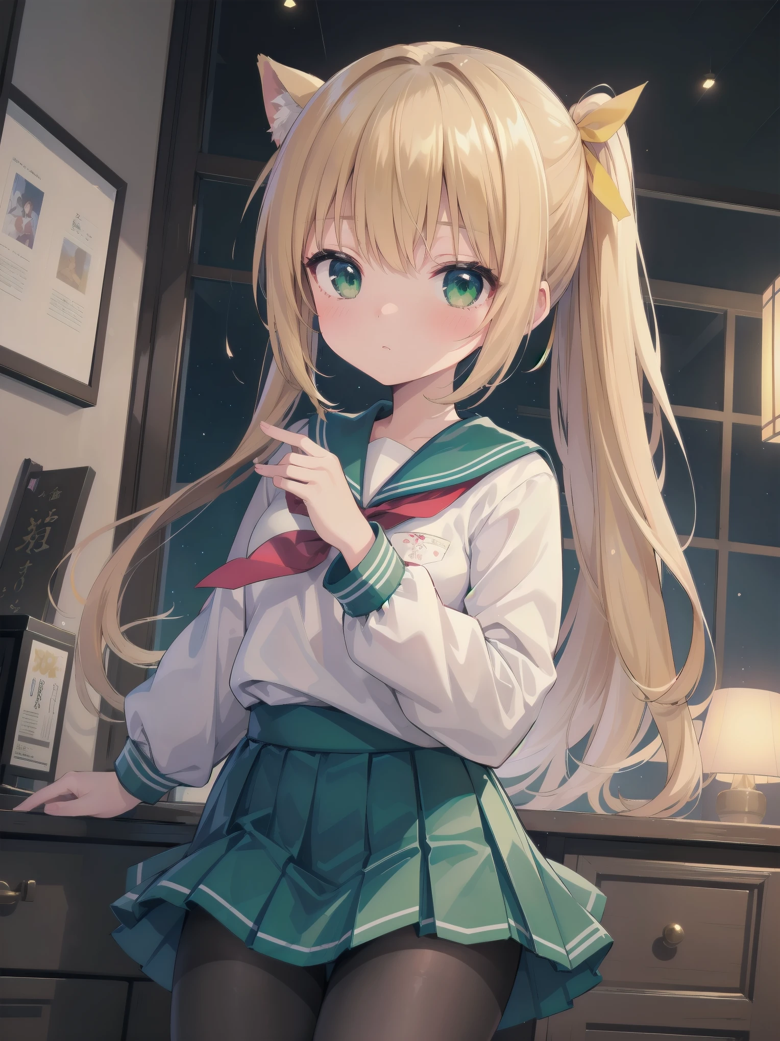Masterpiece, illustration, super detailed, kawaii, one girl, 独奏, slender 14 year old, Japanese girl, chou chou, ribbon, nape of neck, low ponytail, cute pose in Less revealing attire, (green sailor outfit, two gold lines), large gold ribbon, priss skirt, black pantyhose, , Long Sleeves, White innerwear for sailor suit, living room, cowgirl shot, sfw, dynamic angle、Close-up on the characters、(building, city、A dense fog of fluorescent particles、１８００Era、Japanese Style、Fiction、grow、Overwhelming、Detailed street）、A beautiful girl with a beautiful background and a super cute pose
