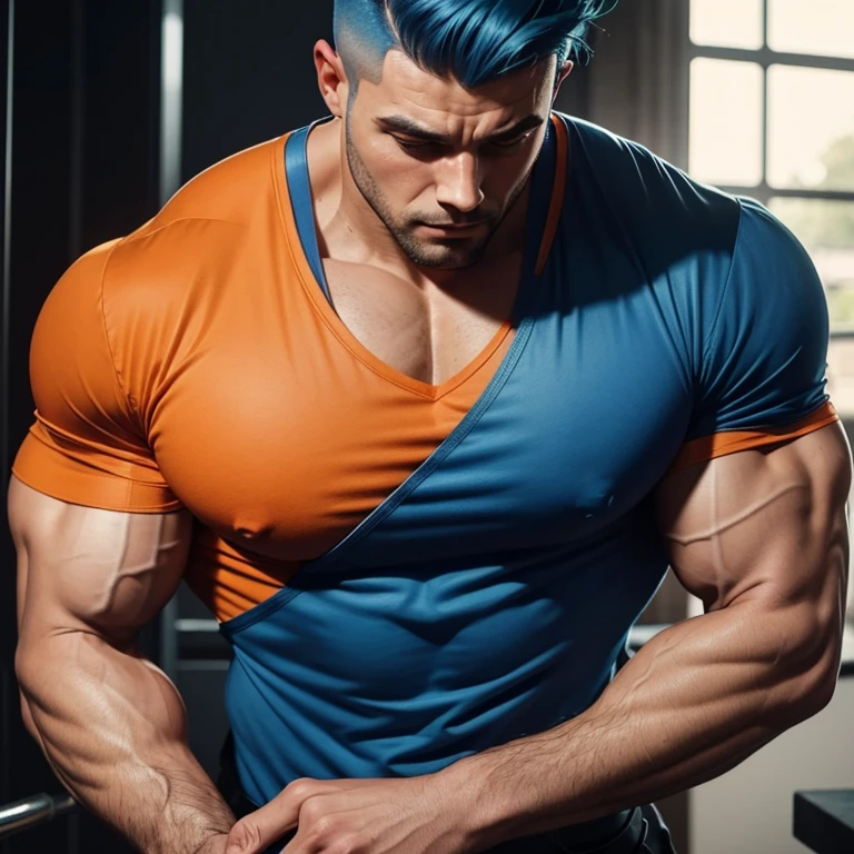 a very handsome man, blue hair with a mid fade cut, massively muscular, massively large muscles, wearing an orange shirt, seen from very close up