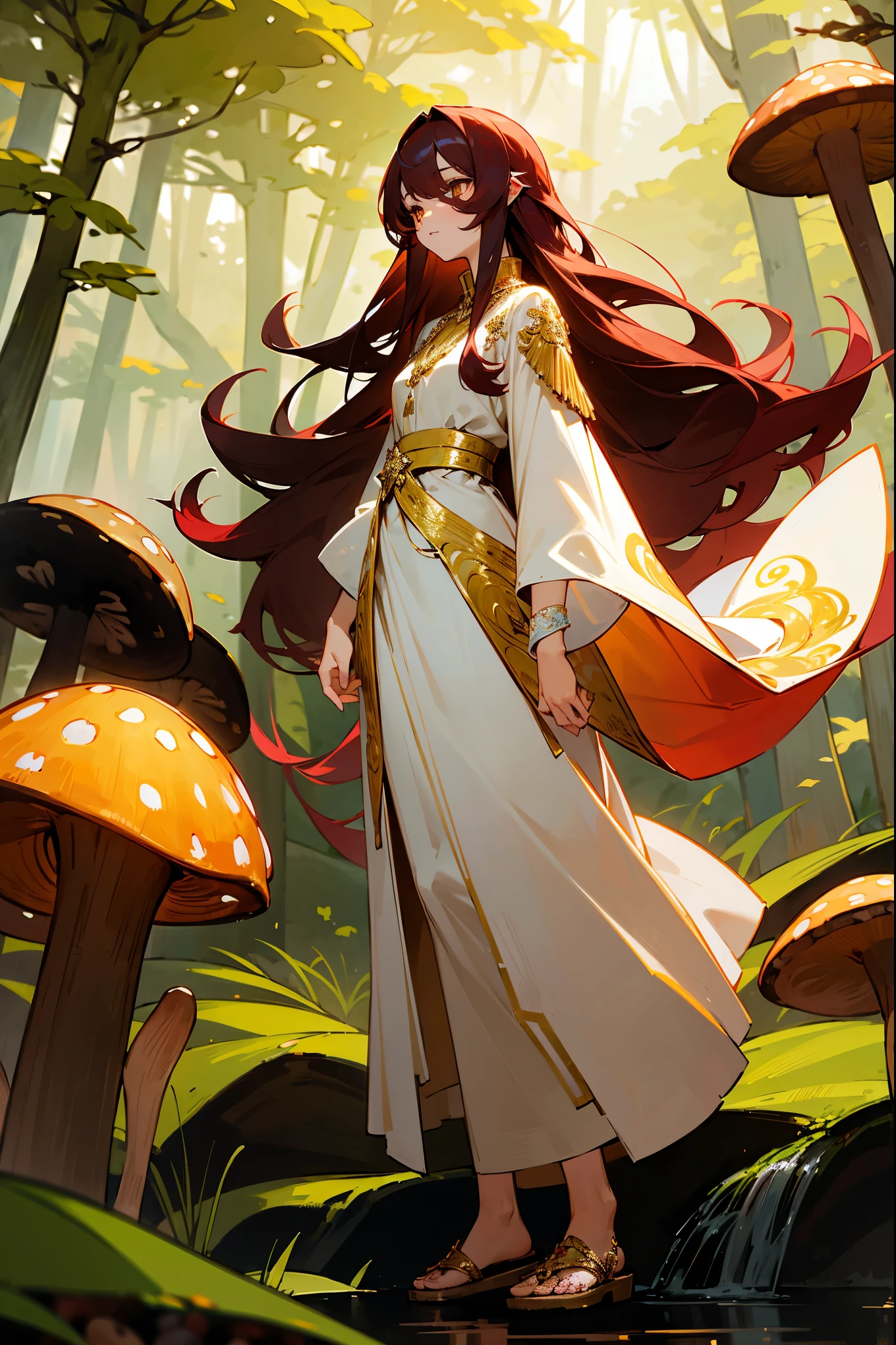 Masterpiece, 8k, a girl with long, straight maroon hair and amber eyes, wearing a flowing white dress with gold embroidery, paired with brown sandals. The scene is set in a mystical forest with glowing mushrooms and a shimmering waterfall in the distance. Standing on path