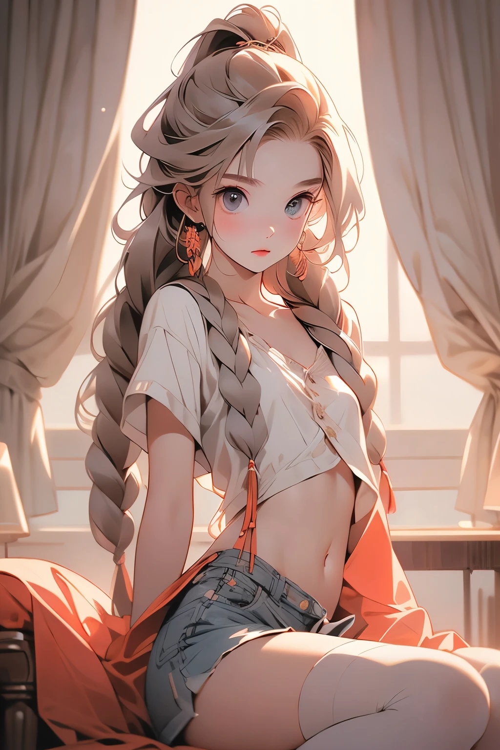 ((best quality)), ((masterpiece)), (detailed), 1girl, off-shoulder baggy sweater,clothes too big, revealing body,(little chest),(big forhead:1.2),(beautiful big eyes:1.3),extremely detailed cute anime face, (((flat chest))),((((long twin braids,tight braids,long braid,braided hair,long hime cut,colored inner hair)))),intricate eyes,beautiful detailed eyes,symmetrical eyes,((((lustrous skin:1.5,bright skin: 1.5,shiny skin,very shiny skin,shiny body,Reflective skin)))),(((detailed face))),beautiful detailed lips,(nsfw)), ((downblouse, upskirt)),(baggy, sagging clothes, upskirt, downblouse), dynamic pose,looking at viewer, (((embarrassed))),(horrified expression),highres,(best quality),(ultra detailed,extremely detailed),perfect face details, ((masterpiece:1.4, best quality))+, (ultra detailed)+, long twintails, (white thighhighs), cute girl,blue clothes, (flat chest:1.3), NSFW, small breasts, prominent collarbones, skinny arms, flat stomach, visible hip bones, long hair, red hair, white hair, blonde hair, dark hair, ponytail, thick ponytail, heavy ponytail, small breasts, NSFW