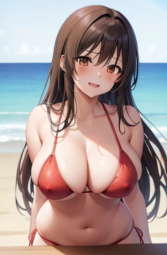 Kotegawayui, yui kotegawa, solo、Black Hair, (Brown eyes:1.5), Long Hair, break looking at viewer, break (Tabletop:1.2), Highest quality, High resolution, unity 8k wallpaper, (figure:0.8), (Beautiful attention to detail:1.6), Highly detailed face, Perfect lighting, Highly detailed CG, (Perfect hands, Perfect Anatomy),Naughty big、Big ample breasts、(Beach:1.3)、(Red Bikini:1.3)、Laughing with your mouth open