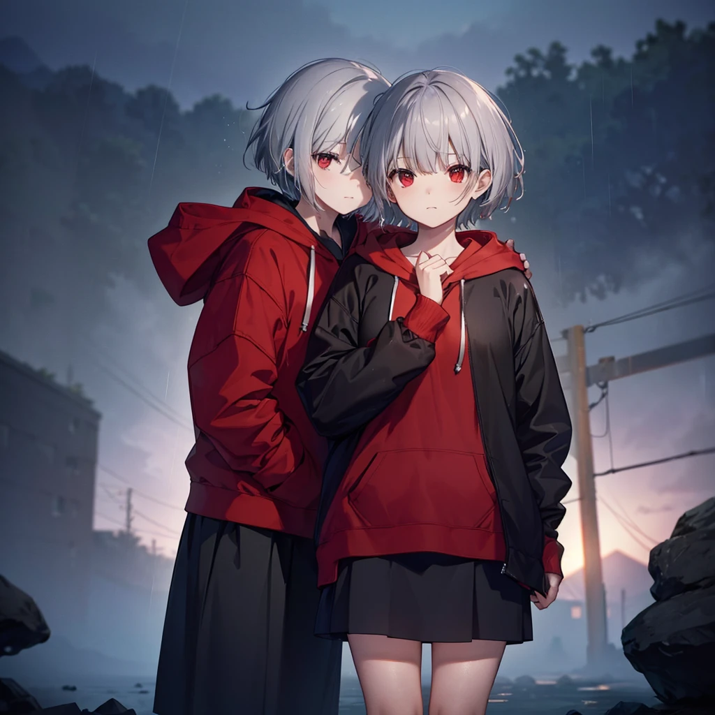 (((((1 person Gray Hair、short hair Black and red outfit、hoodie Put your hands on your neck))))) ((((High resolution Getting wet in the rain Black long skirt loafers)))) (((Sad face、Close-up Red eyes))) ((in the rain、It rains、rainy season Blowing in the Wind Low - Angle)) (Shining Background Shining Edges)