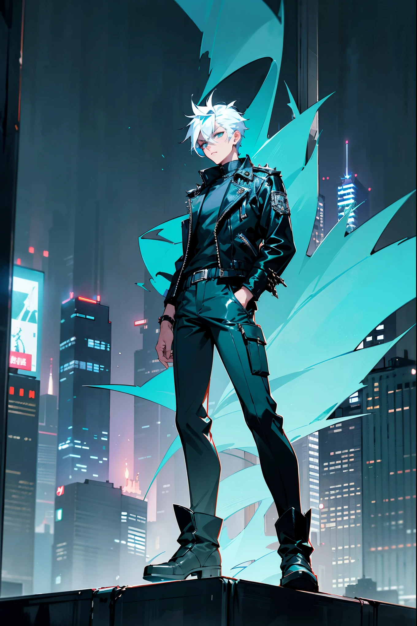 Masterpiece, 8k, a young man with short, spiky white hair and teal eyes, dressed in a black leather jacket with blue flame patterns, grey cargo pants, and black boots. The background is a busy city street at night with neon lights and towering skyscrapers. Standing on path.