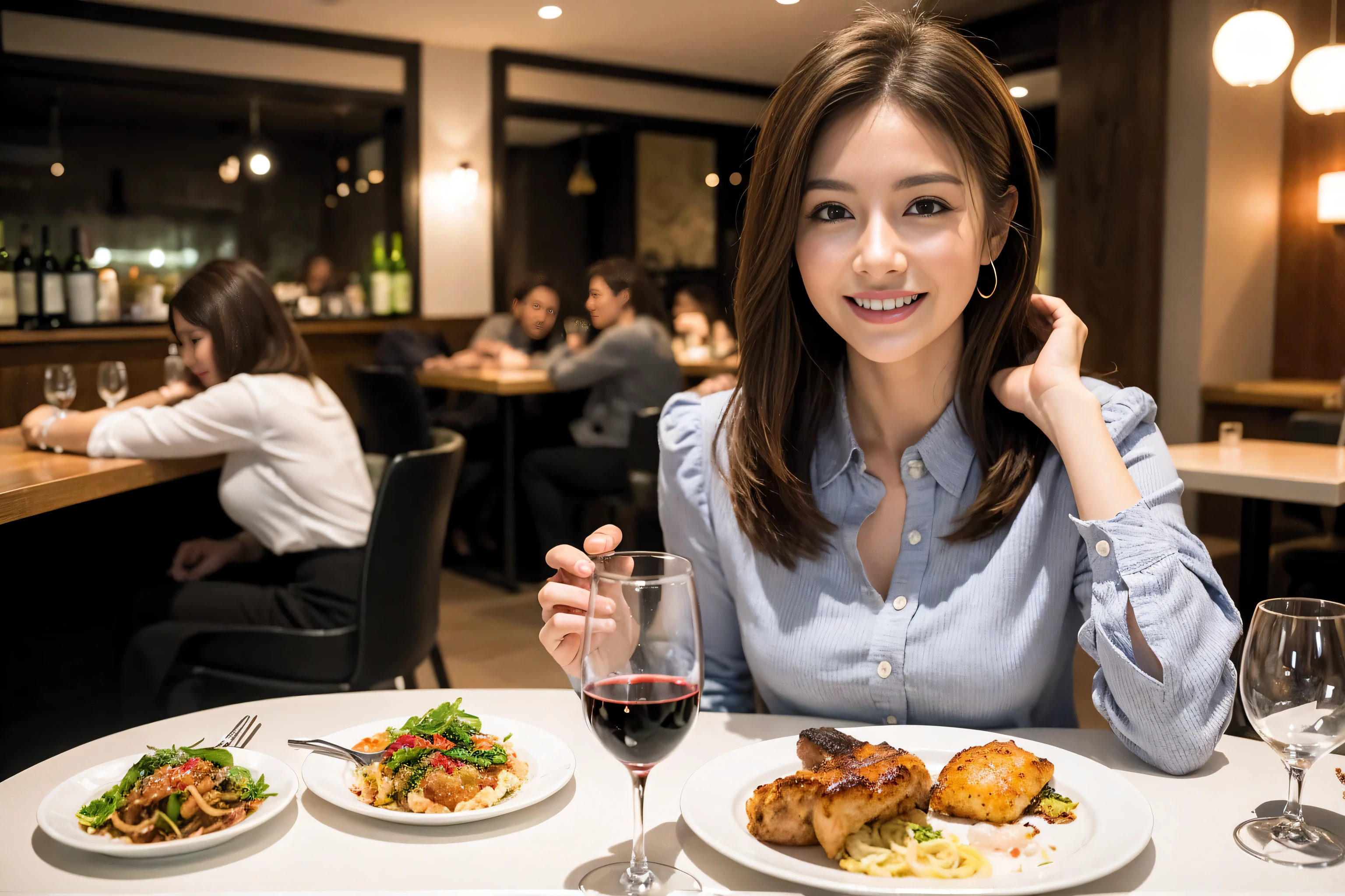 ((Highest quality、8k、masterpiece:1.3))、cute、Slim couple、Model Couple、Actress、(Realistic, Intricate details:1.2), full-course dinner、Wine Party、Amazing view of the sunset sky and clouds、A bright smile、short hair,Bright Face、 (45 years old), 48 years old, red wine 、Appetizers、Italian food、Wine bottle、Champagne、sparkling wine、Two beauties、Brown Hair、Shortcuts、Long sleeve shirt、dress、Beautiful woman 1, (Slim face), (The body is slim), (Brown Hair), (Shortcuts), cheeks turn a little red,Attractive beauty、restaurant, In a prominent place (From the waist up) Nova Frog Style, actress, model, Upper Body, White wine, slim, wine glass, A wine glass placed in the center, smile, (smile: 1.15), Beautiful fine grain, Depth f/2,saturation, High Contrast, Strong light and shadow,Moist Body:1.5、3D texture、Delicate eyes、Brown Hair、The hair is very shiny、
