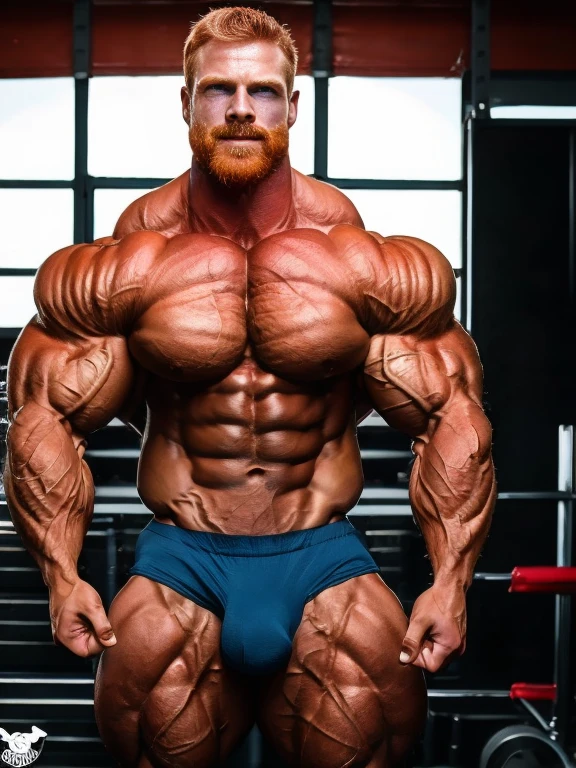 Masterpiece, denoise, void noise, one man, best quality, 8k resolution, male focus, focus only, amazing composition, volumetric lighting, super quality, elegant, Very detailed, muscular, very handsome, (((shirtless))), extremely huge muscles, rippling chest, (defined muscles:1.5), (pale skin), ((((((Caucasian man)))))), very handsome, (detailed light-blue eyes), ((messy hair)), big ears, (hairy), scruffy beard, (ginger:1.3), around 25 years old, (young:1.3), extremely big bulge in tight jockstrap