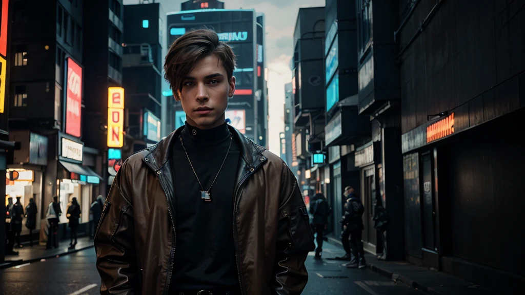 A digital art piece depicting a confident young man with blue eyes light brown hair stylish haircut in a cyberpunk style.
He's wearing futuristic streetwear appropriate to a cyberpunk setting, standing in a brightly-lit urban street of the future.
The overall atmosphere of the image is positive and bright, contrasting the usual dark tones associated with cyberpunk.