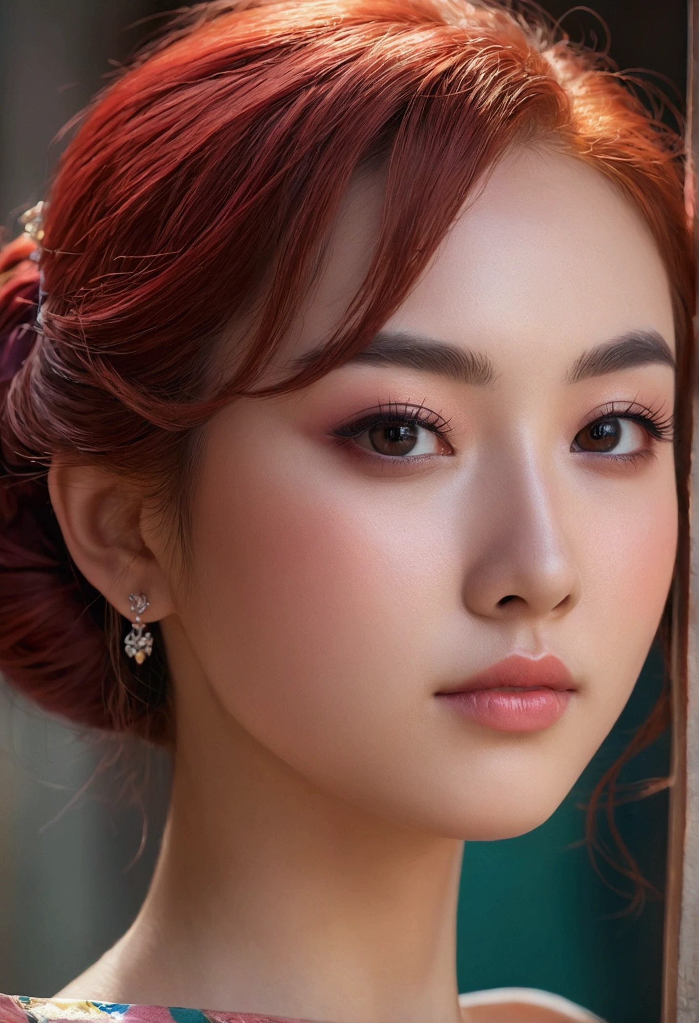A Stunningly beautiful Girl. Concept Art, high quality, The award-winning, high resolution, masterpiece, Depth of Field, light, Chromatic Aberration, Best shadow, 清晰的Depth of Field, beautiful, Delicate beautiful Attractive Face, Eyebrow tip, Blush Eyeshadow, Thick eyelashes, (best quality, Stunning details:1.25), (Solitary:1.3), Colorful paintings, Asymmetrical red hair, Moles under the eyes,