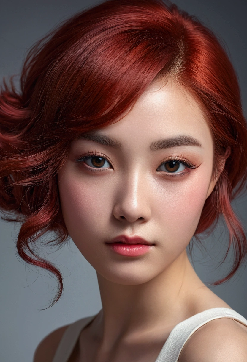 A Stunningly beautiful Girl. Concept Art, high quality, The award-winning, high resolution, masterpiece, Depth of Field, light, Chromatic Aberration, Best shadow, 清晰的Depth of Field, beautiful, Delicate beautiful Attractive Face, Eyebrow tip, Blush Eyeshadow, Thick eyelashes, (best quality, Stunning details:1.25), (Solitary:1.3), Colorful paintings, Asymmetrical red hair, Moles under the eyes,