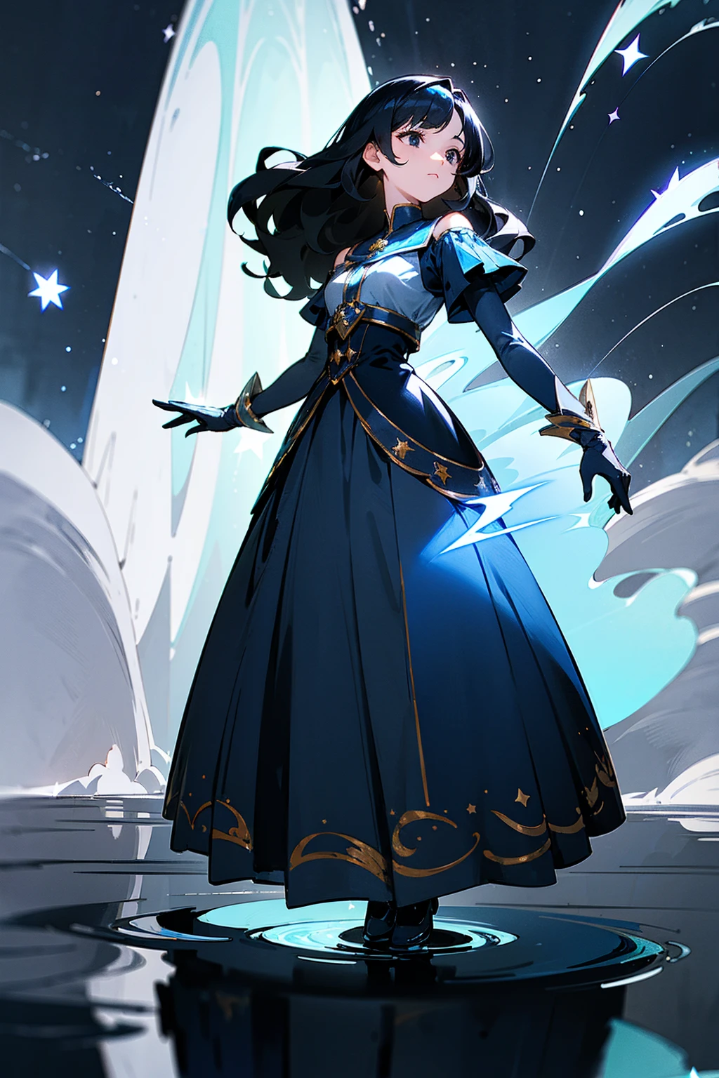 Masterpiece, 8k, a woman with wavy, shoulder-length black hair and black eyes, wearing a navy blue dress with silver star patterns, and white gloves. The scene is set in a magical garden with glowing water flowing around the character. Standing on path.