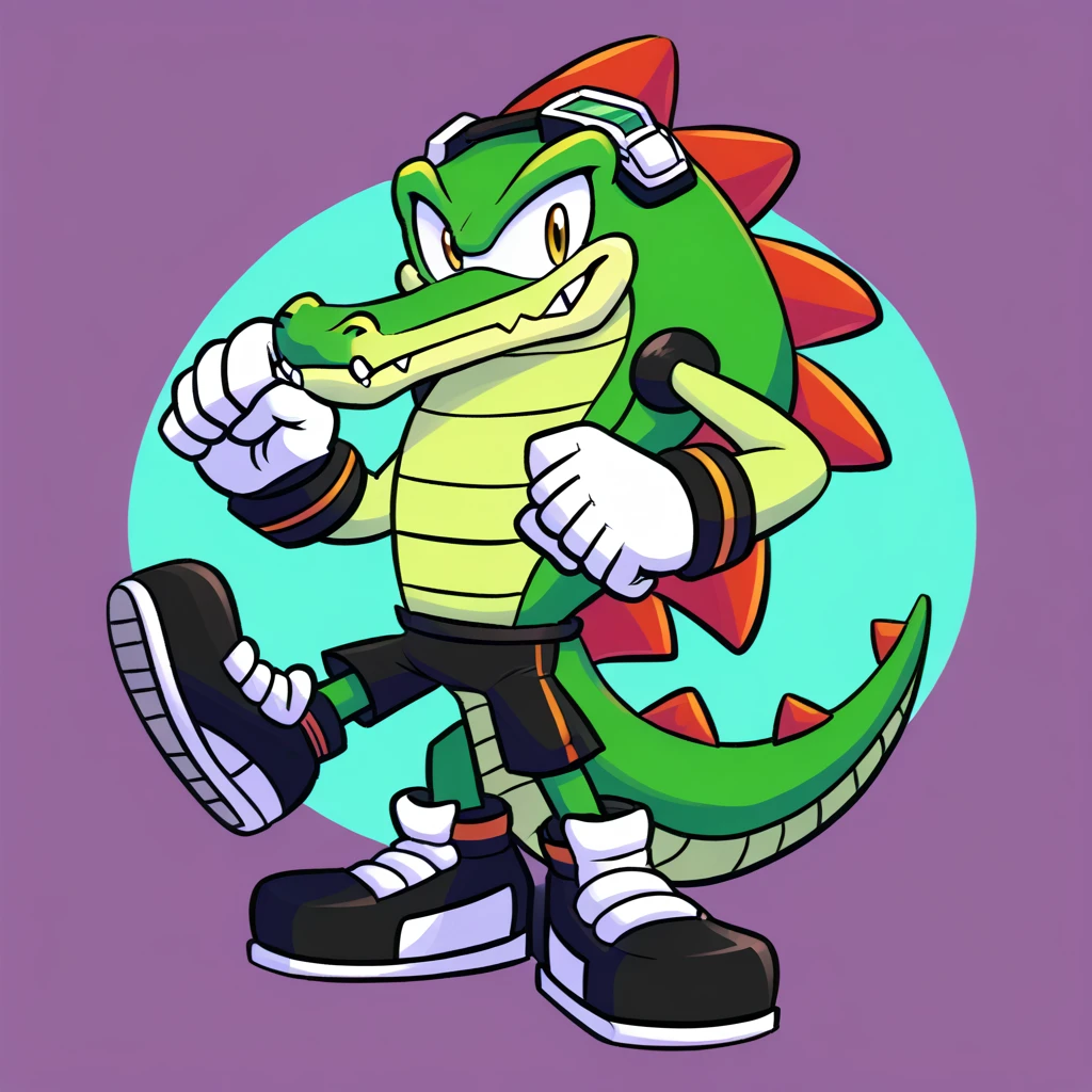Custom avatar,  vector the alligator character, wearing black shorts, in the cyberspace￼, cgi backround, doing a dyamic pose, someone holding his leg, 