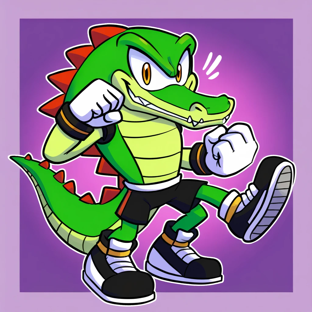 Custom avatar,  vector the alligator character, wearing black shorts, in the cyberspace￼, cgi backround, doing a dyamic pose, someone holding his leg, 