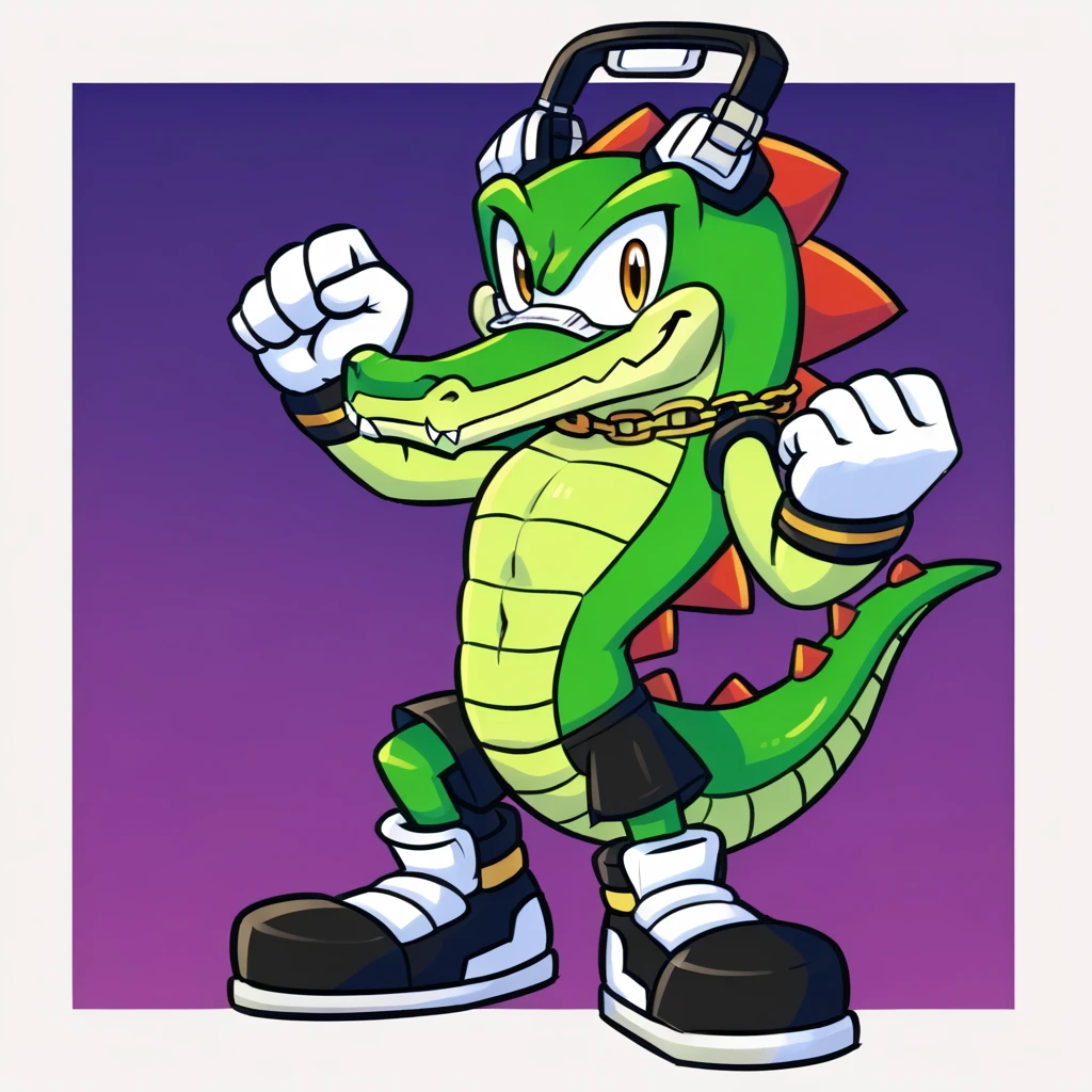Custom avatar, vector the alligator character, wearing black shorts, in the cyberspace, cgi backround, doing a dyamic pose, someone holding his leg,