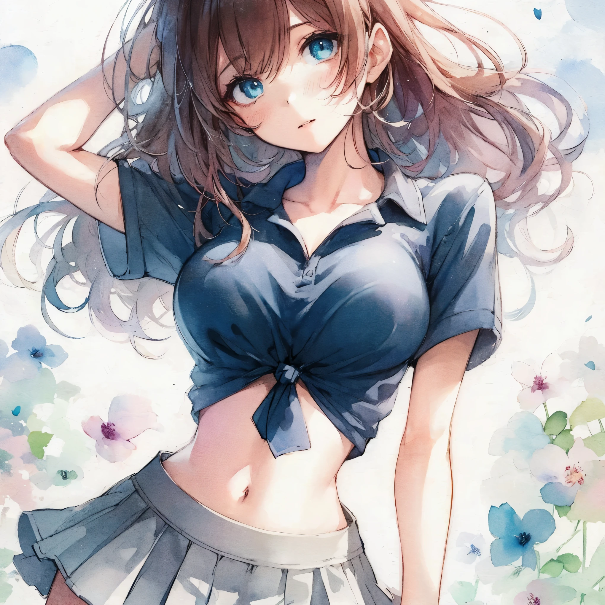 Official art using high-quality hand-drawn watercolor sketch techniques. (best quality,4k,8k,highres,masterpiece:1.2),ultra-detailed,beautiful detailed eyes,A girl with beautiful eyes, everyone, beautiful anime girl, cute anime girl, smooth anime art, anime style, elegant colors, soft lighting, delicate beautiful eyes, very uettish, (beautiful large bre2), (correct hands:1.2),