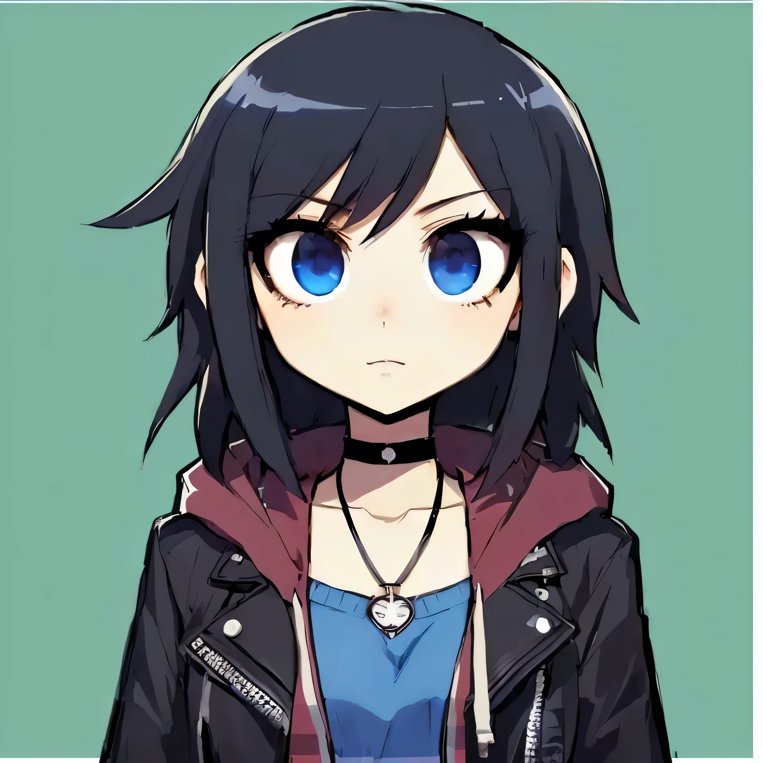 a closeup of a person wearing a jacket and a necklace, 2D anime style, anime girl named lucy, Moe anime art style, stylized anime, black haired girl with hoodie, anime style character, Akane Owari Danganronpa, in an anime style, in anime style, flat anime style, anime style portrait, stylized anime