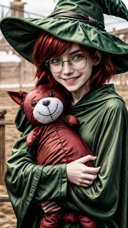 horses. Short, Red hair, green eyes, green pointed hat, witch robe, smile, witch , metal frame glasses, hugs a soft toy.