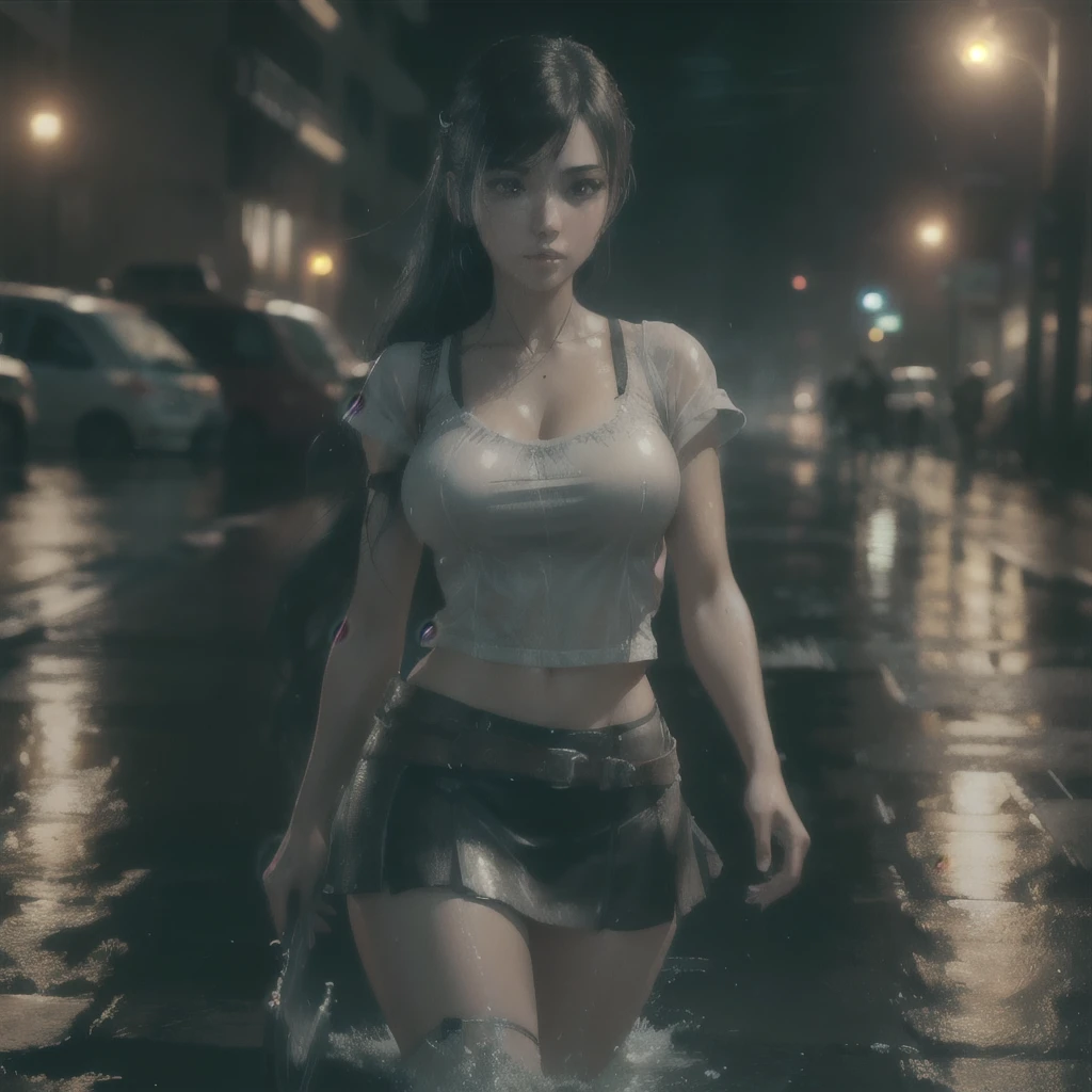 photo-realistic,Realistic illustration in Manga style,((Masterpiece)),((Best quality)),((Ultra detailed)),((1girl)),((solo)),((Waifu:1.5)),Perfect anatomy,Cute_face,waifu Tifa Lockhart final fantasy 7 remake,wet clothes,white blouse,black Miniskirt,black socks,Red_eyes,wavy hair,eyeliner,cute Makeup,((Perfect detailed eyes )),cyberpunk city,rain outside,nighttime,((Extremely CG Unity 8K Wallpaper)),Intricate details,extremely beautiful and aesthetic,Octane rendering,full body portrait,wet skin,((perfect detailed body))
