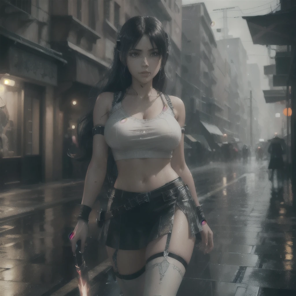 photo-realistic,Realistic illustration in Manga style,((Masterpiece)),((Best quality)),((Ultra detailed)),((1girl)),((solo)),((Waifu:1.5)),Perfect anatomy,Cute_face,waifu Tifa Lockhart final fantasy 7 remake,wet clothes,white blouse,black Miniskirt,black socks,Red_eyes,wavy hair,eyeliner,cute Makeup,((Perfect detailed eyes )),cyberpunk city,rain outside,nighttime,((Extremely CG Unity 8K Wallpaper)),Intricate details,extremely beautiful and aesthetic,Octane rendering,full body portrait,wet skin,((perfect detailed body))