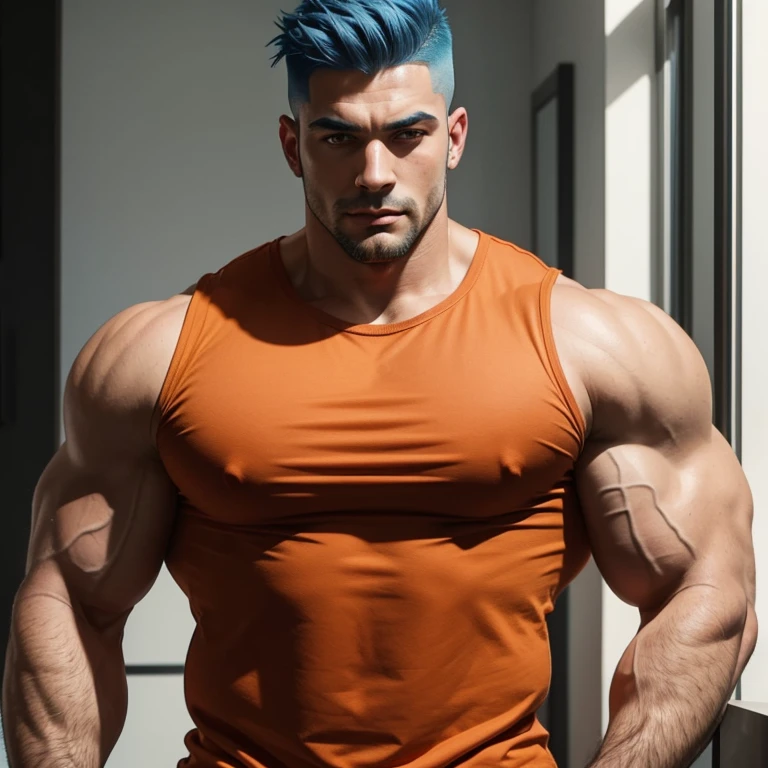 a very handsome man, blue hair with a mid fade cut, massively muscular, massively large muscles, wearing an orange shirt, seen from very close up