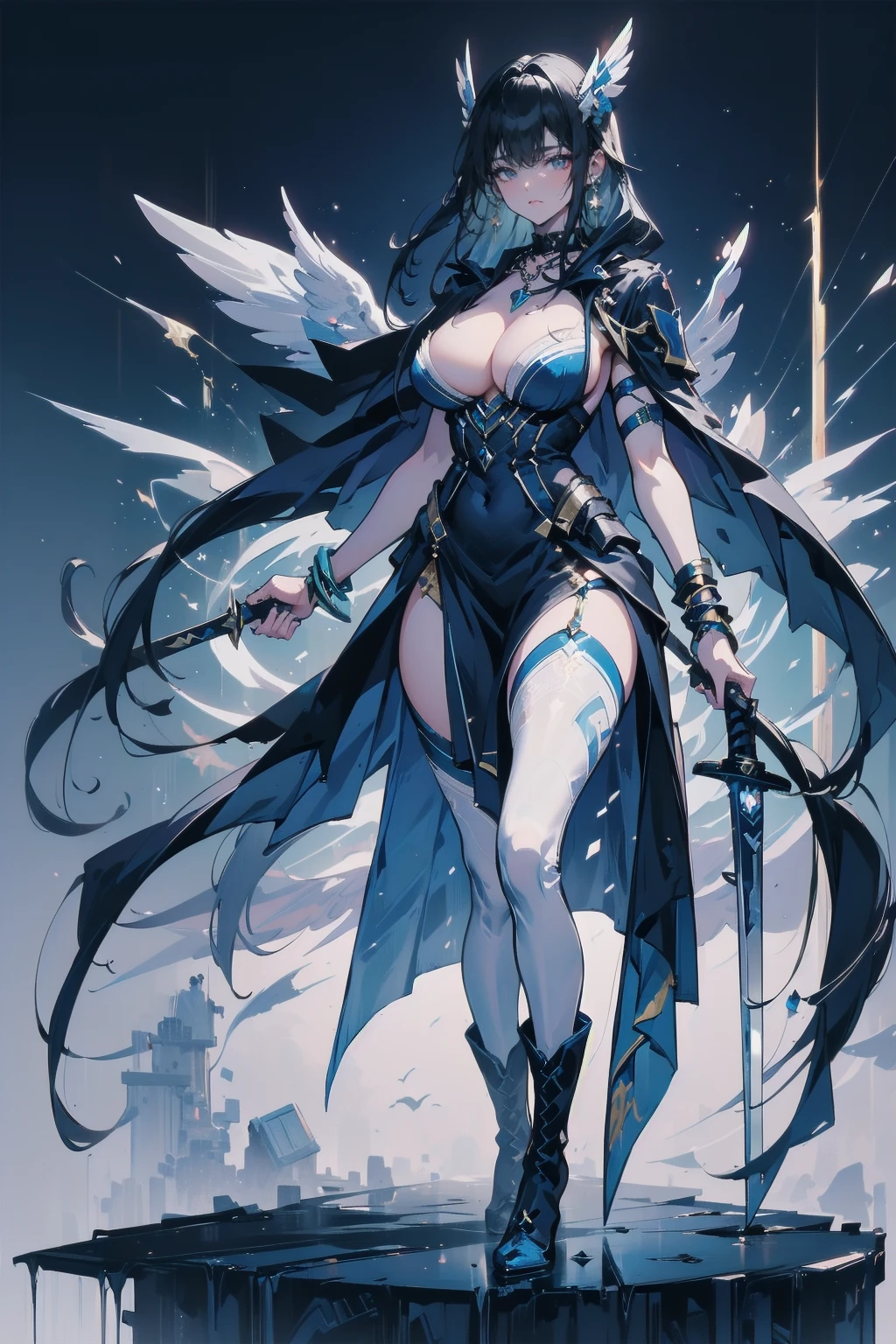 One young and beautiful woman,(Highest quality,Extremely detailed depiction,Incredible high resolution,Anatomically accurate depiction,Curvy Legs),(Glowing Skin,Glowing Skin),(A female swordsman with a noble aura),(Blue Armor,Blue Boots,Metal embroidery,Transparent gemstones and precious metals decoration,Exquisite armor detailing,Holy sword,Valkyrie Helmet,Cape,White tights),(blue eyes,Half-closed eyes:1.3,Shadowed face,lipstick,There is cleavage in the chest,Cool look),eyelash,Luxury Accessories,Earrings,necklace,bracelet,Standing posture