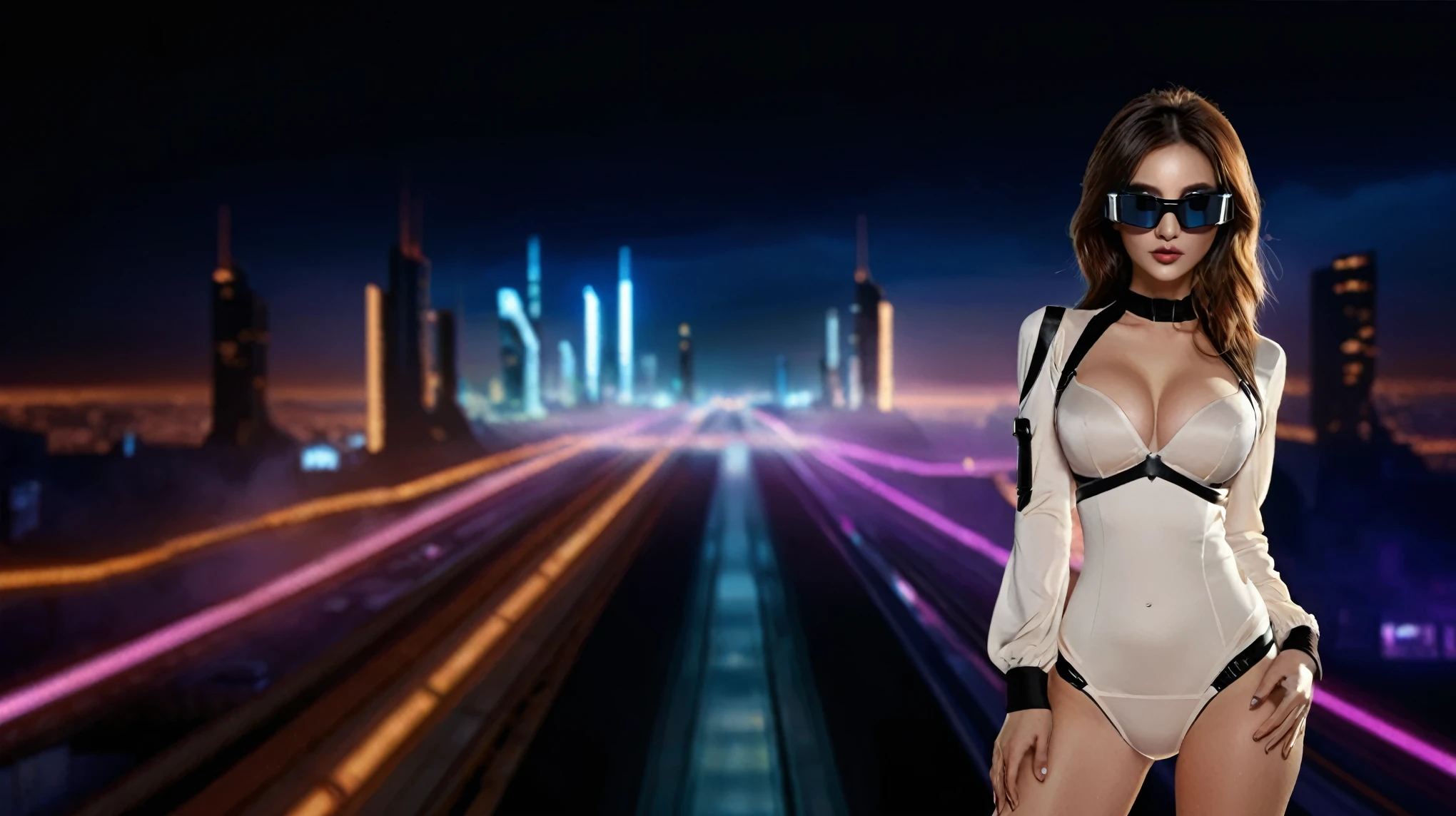 at night, ((a large-breast:1.2 lingerie slim:0.6 GIRL with black mini VR sunglasses)), ((holding a pistol)), aerial view of an ultra-futuristic megalopolis, tall metal buildings in dark colors from dark blue to black, shades of metal gray, smoky metal structures, industrial environment with fog around, dark cars on the streets, (flying vehicle), modern metal rails and trains passing through, ((futuristic space station)), realistic, detailed, sci-fi.