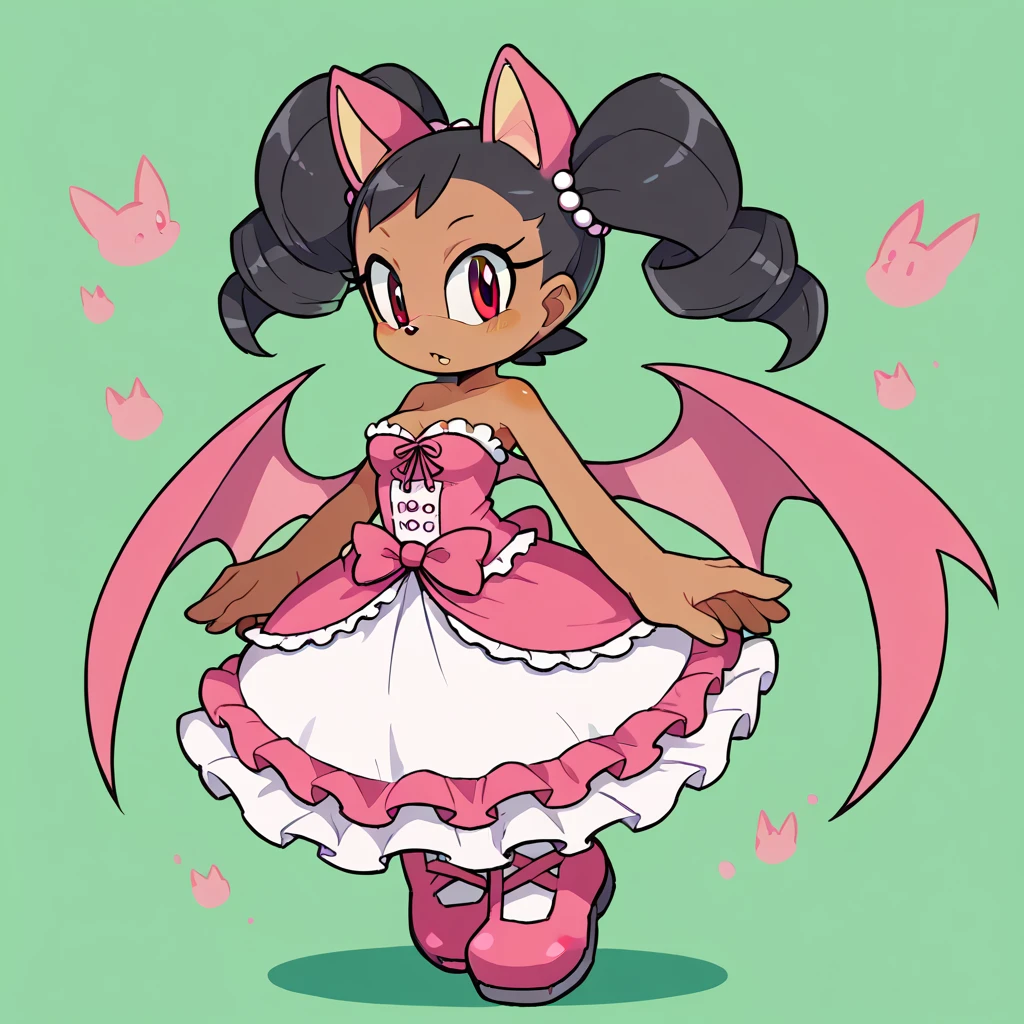 score_9, score_8_up, 2d, cel shading, sonic (series), green background, full body, animal ears, detailed face, 1girl, solo, anthro bat, dark skin, brown fur, black hair, twintails, curly hair, brown eyes, pink bat wings, pink ribbons, pearls, strapless dress, frills, cleavage