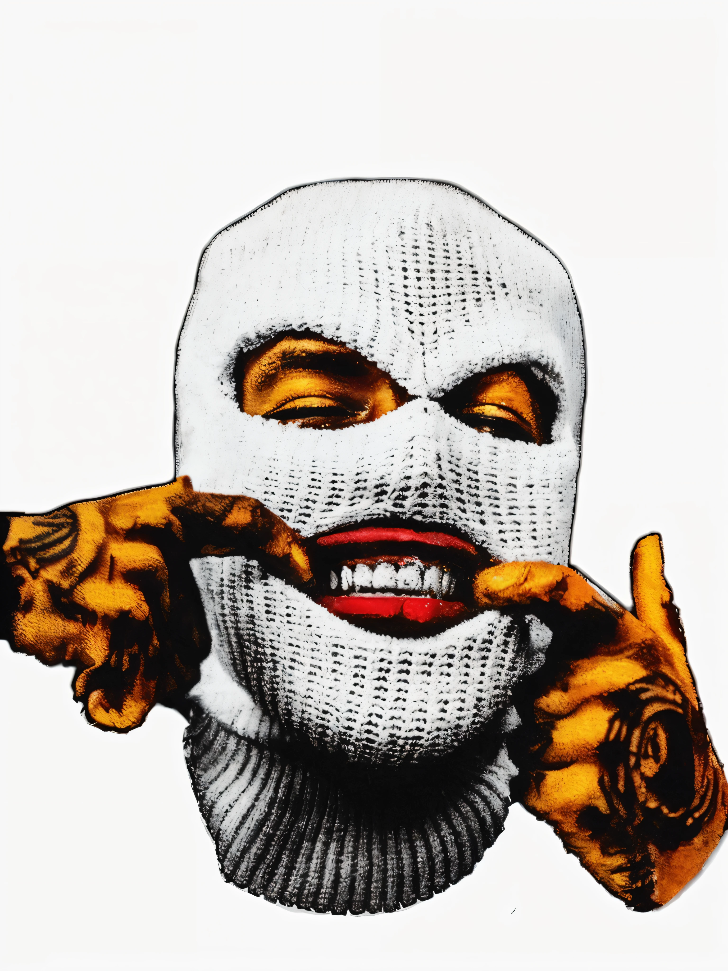 a close up of a person wearing a white mask and holding a cigarette, ski mask, art album, balaclava, Crips, ski masks, Crips details, rap album cover, high quality artwork, white mask, rap album cover art, alternative album cover, White head, art album cover, official work, xxxtentacion, Paid Illustrations, the thin one