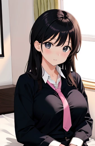 Anime Girls sitting on a bed with a black shirt and tie, Beautiful anime school girl, a hyperRealistic , attractive Anime Girls, Cute girl anime visuals, cute Anime Girls, young Anime Girls, an Anime Girls, Anime Best Girl, hyperRealistic , beautiful Anime Girls, pretty Anime Girls, Realistic , Anime Girls,Big Breasts、Long black hair