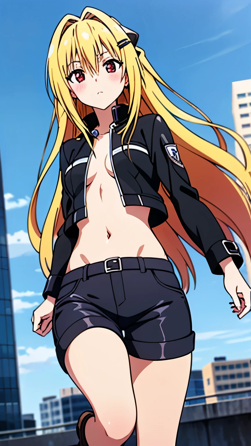 (anime:1.2),(1girl),(alone), konjiki no yami, (alone), long hair, blonde hair, (hairpins:1.2), red eyes, very long hair, hair shots, solo, (expressionless, calm:1.5), (Leather Jackets,Black Leather, Belly Button, Shorts, Black Boots, Beautiful Shoes, city), (Small medium breast:1.2), narrow waist, round butt, hair between eyes, blush, hair ornament, two sides up, bangs, cowboy shot, dynamic stance, ultra detailed, detailed eyes, sharp focus, masterpiece, standing, perfect hands, perfect anatomy, floating hair, to love- ru, looking forward, perfect anatomy,perfect hands, (looking at viewer), dutch angle
